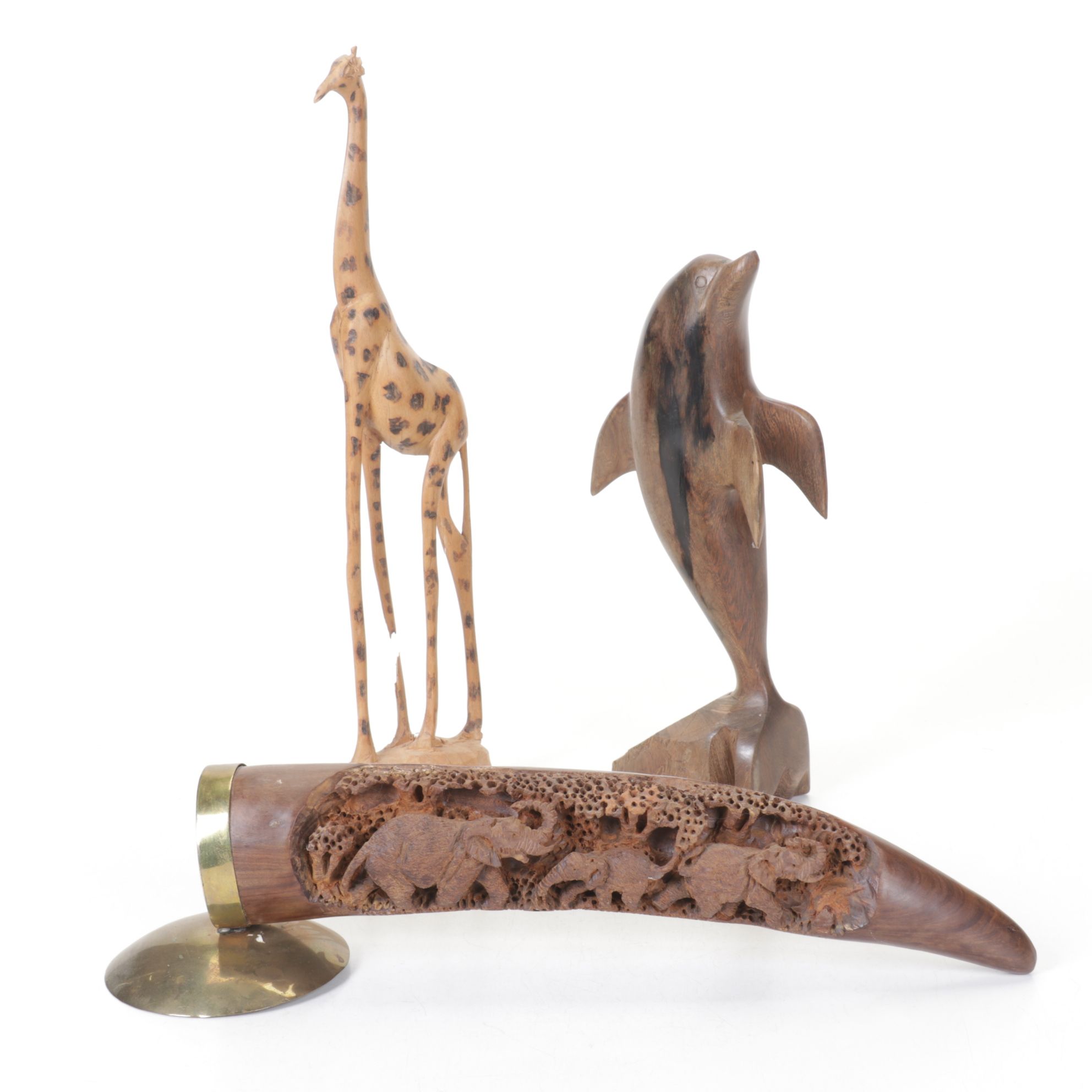 Carved Wood Giraffe, Dolphin & Elephant Sculptures