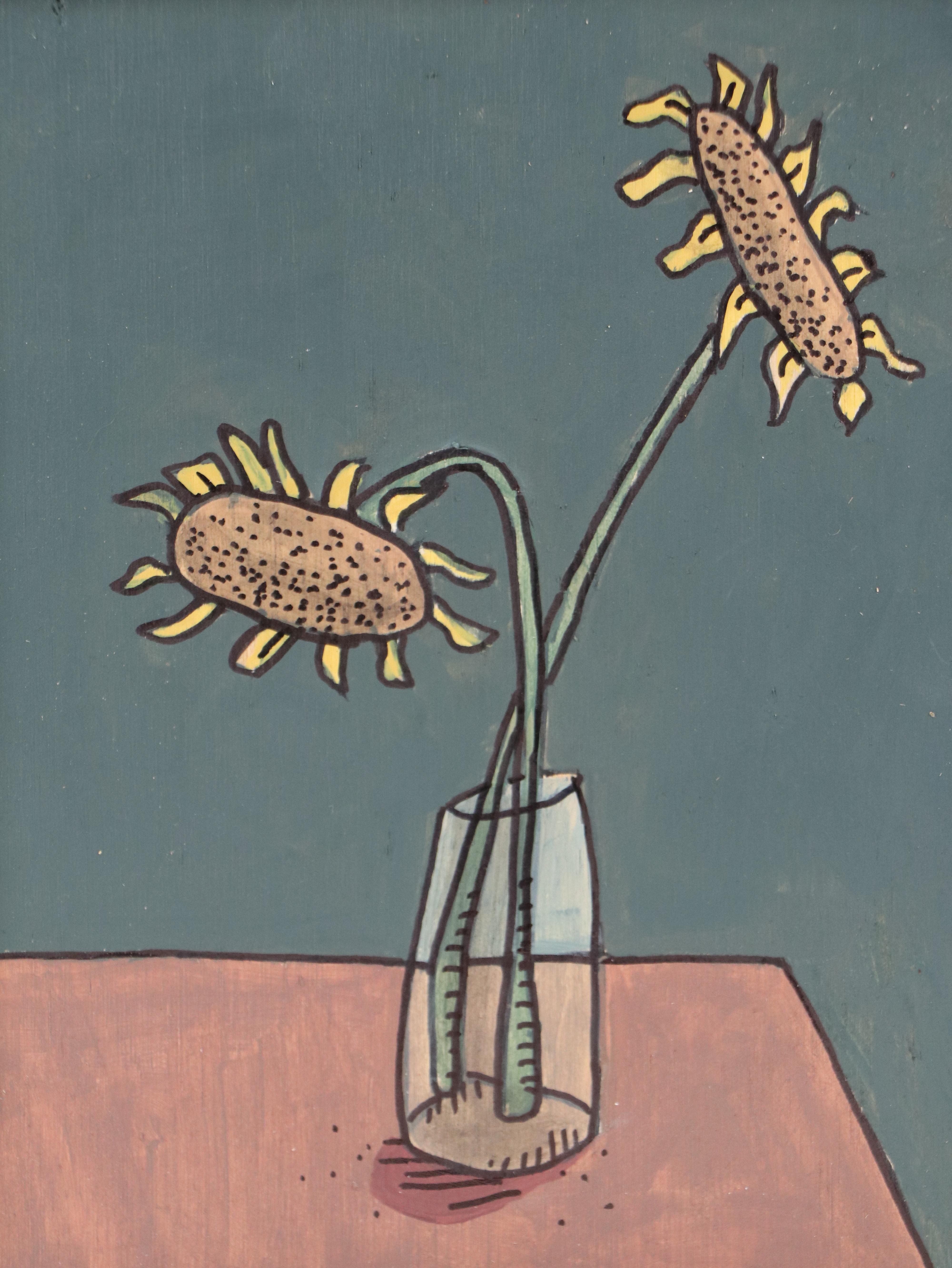 Aaron Wooten Stylized Floral Still Life Mixed Media Painting "Sunflowers," 2025