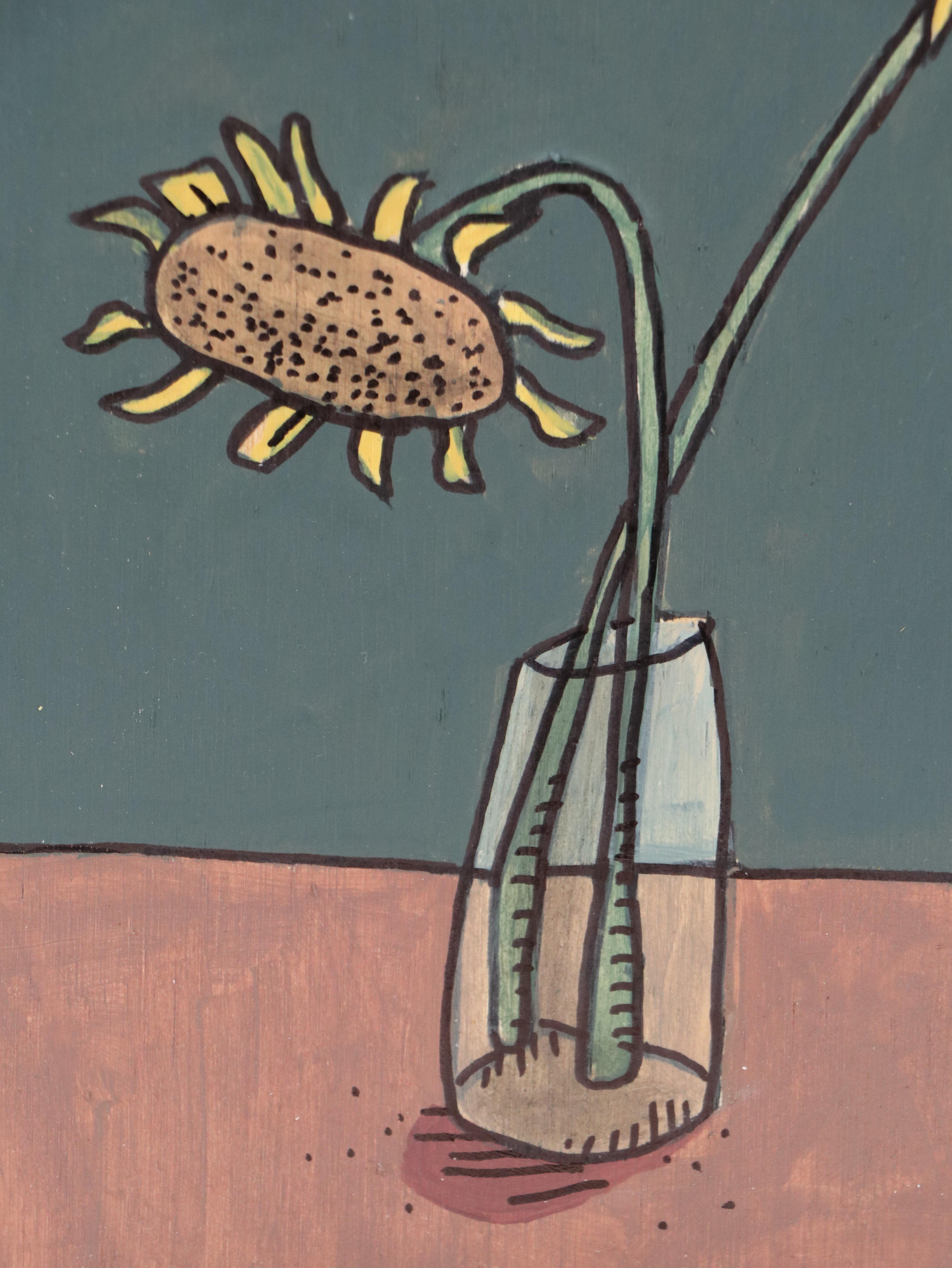 Aaron Wooten Stylized Floral Still Life Mixed Media Painting "Sunflowers," 2025