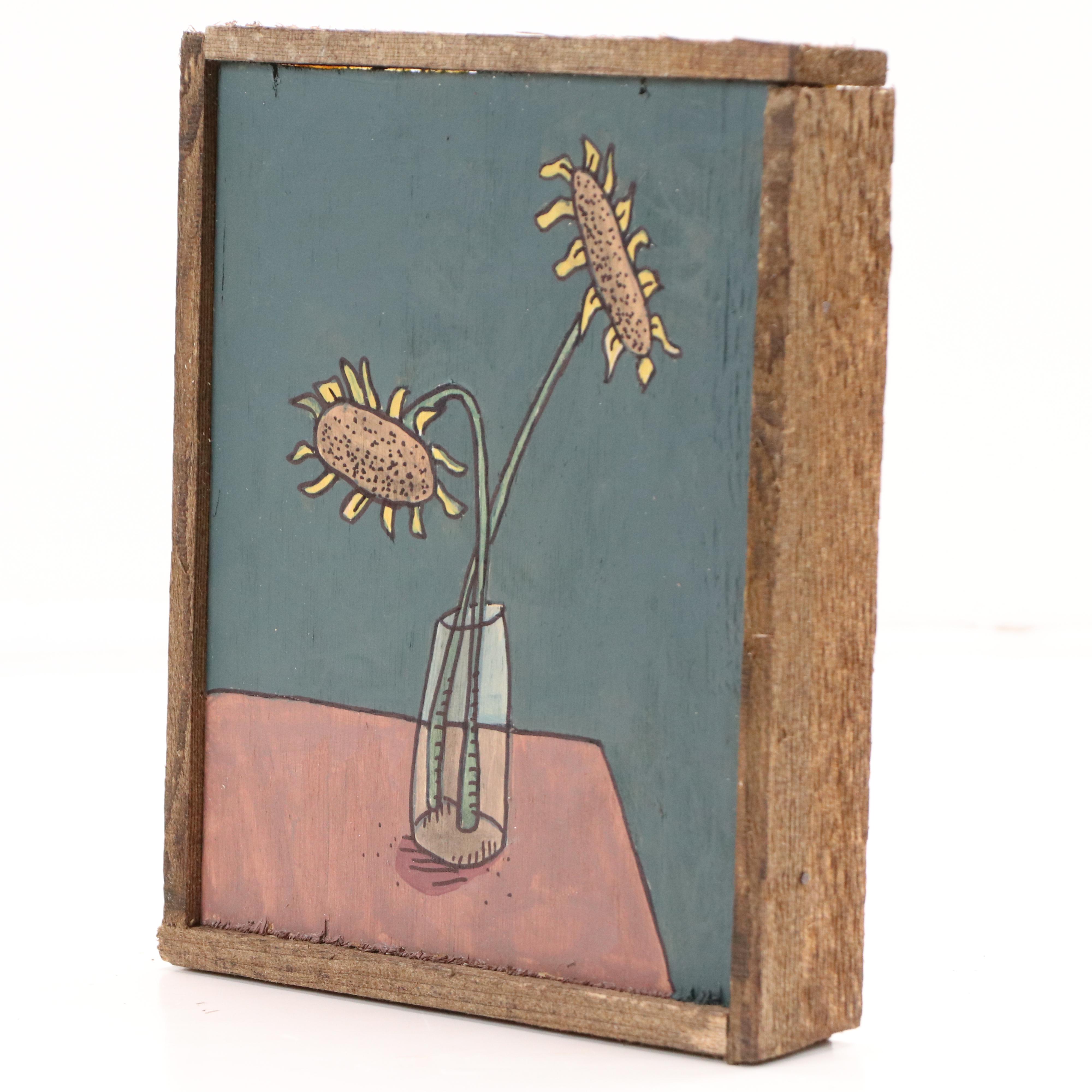 Aaron Wooten Stylized Floral Still Life Mixed Media Painting "Sunflowers," 2025