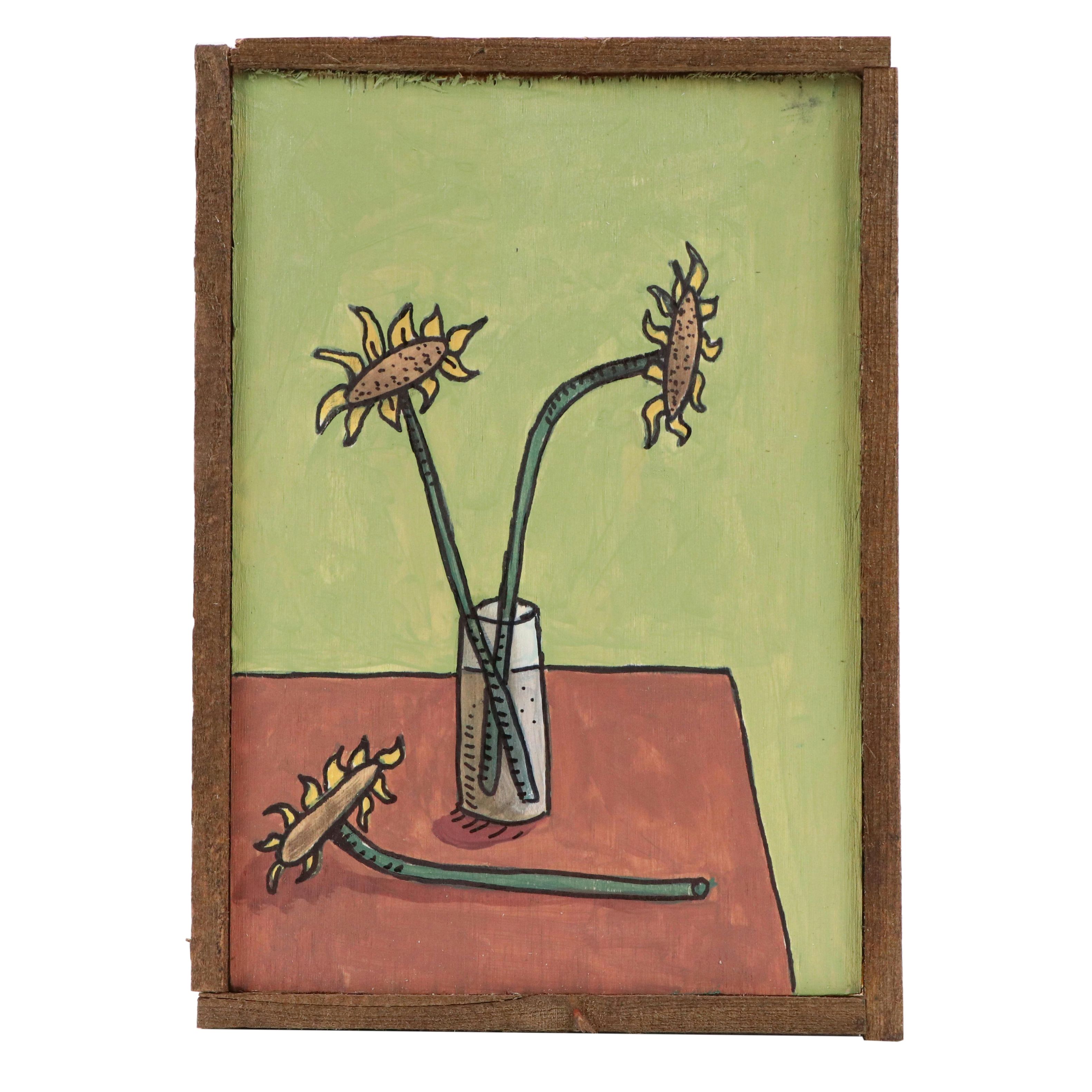 Aaron Wooten Stylized Floral Still Life Mixed Media Painting "Sunflowers #2"