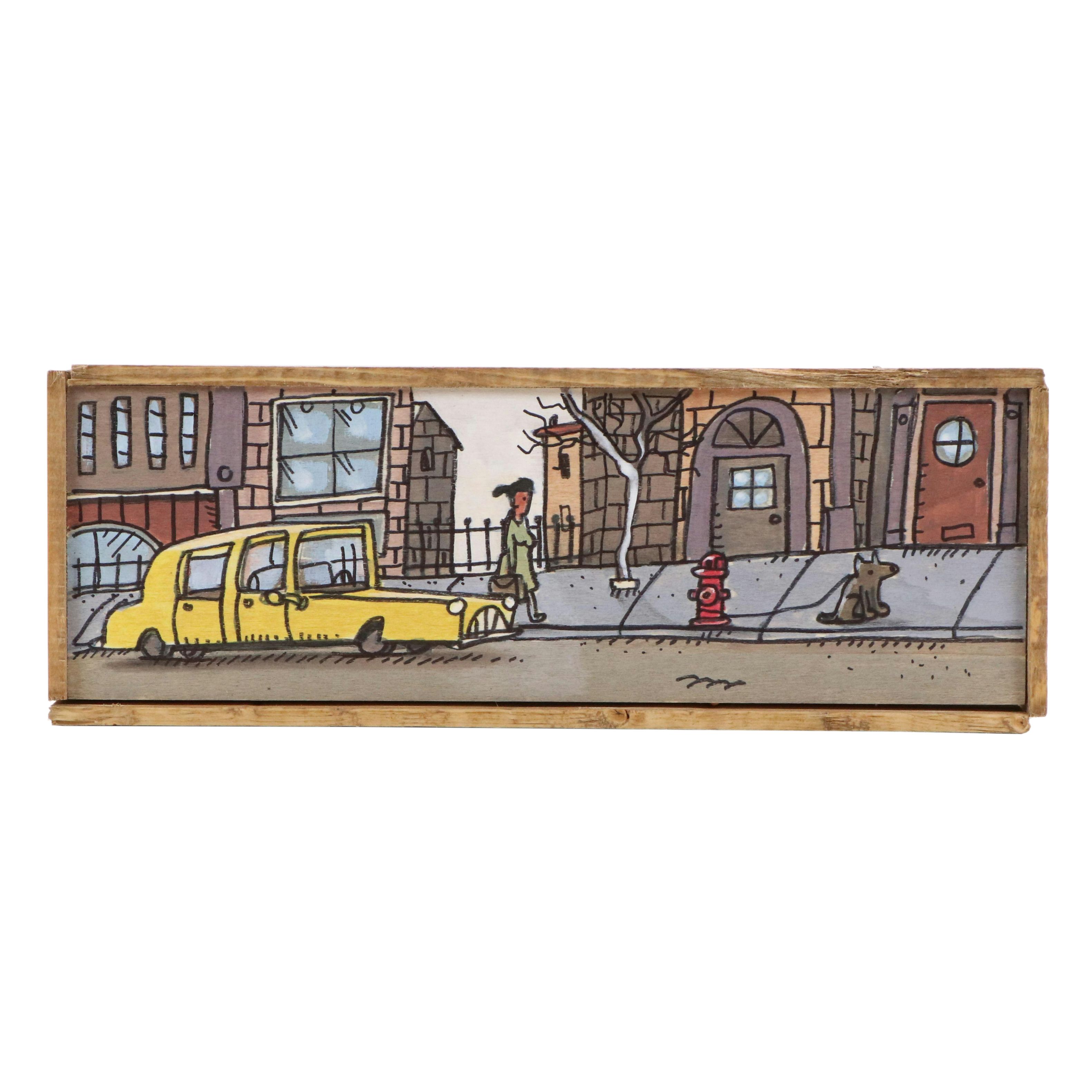 Aaron Wooten Stylized Street Scene Mixed Media Painting "Lakeview," 2025