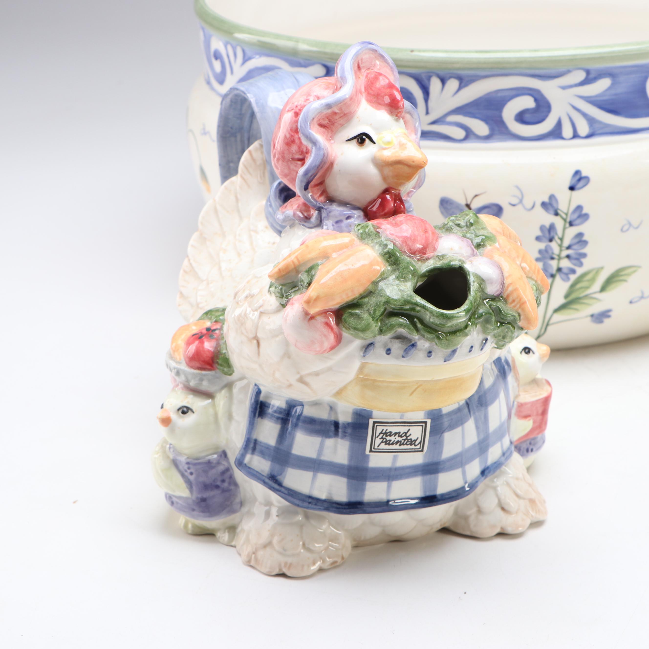 Fitz & Floyd Hand-Painted Ceramic Hen Teapot, Covered Container, Planter & More