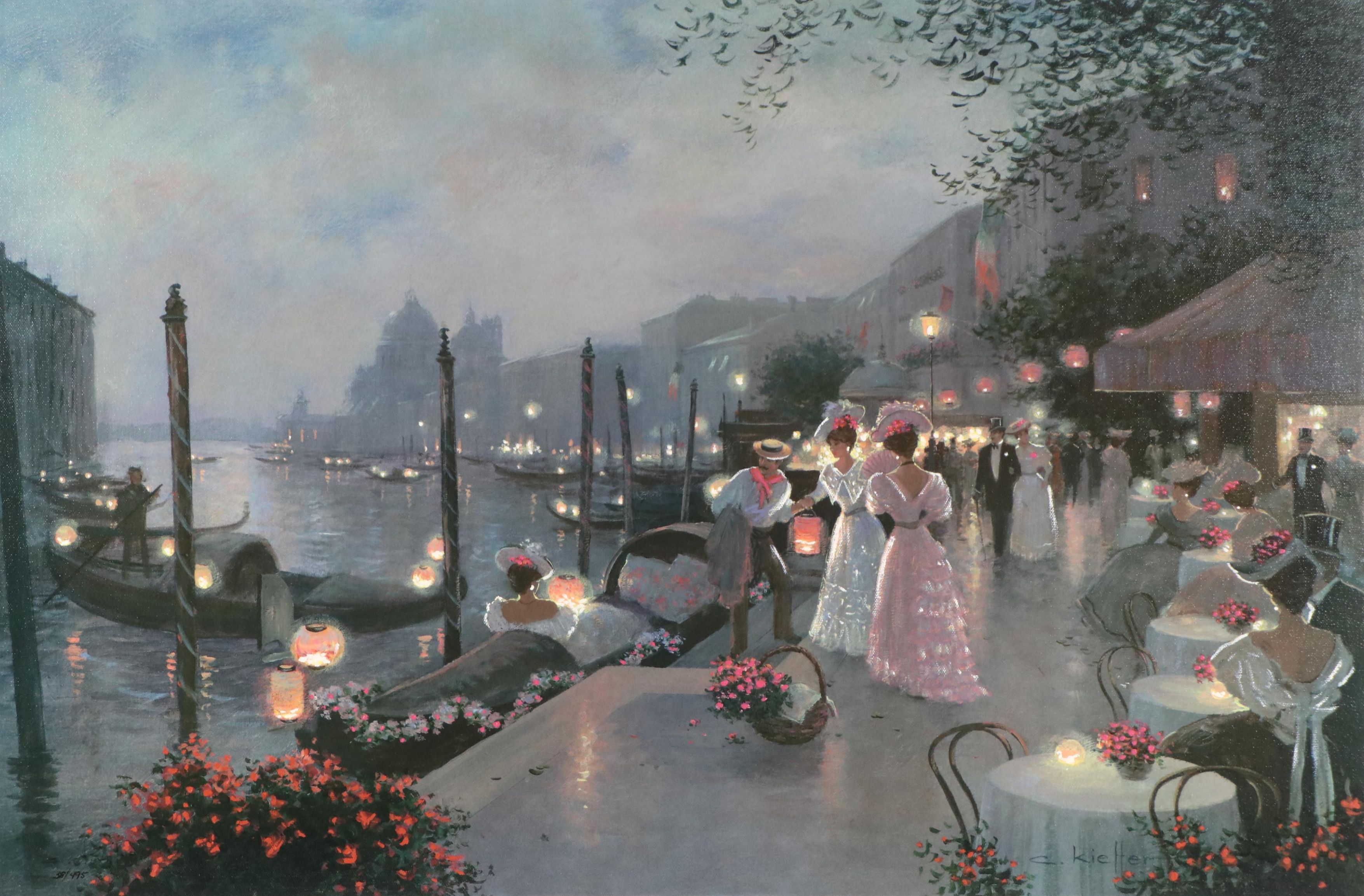 After Christa Kieffer Embellished Offset Lithograph "Night Festival in Venice"