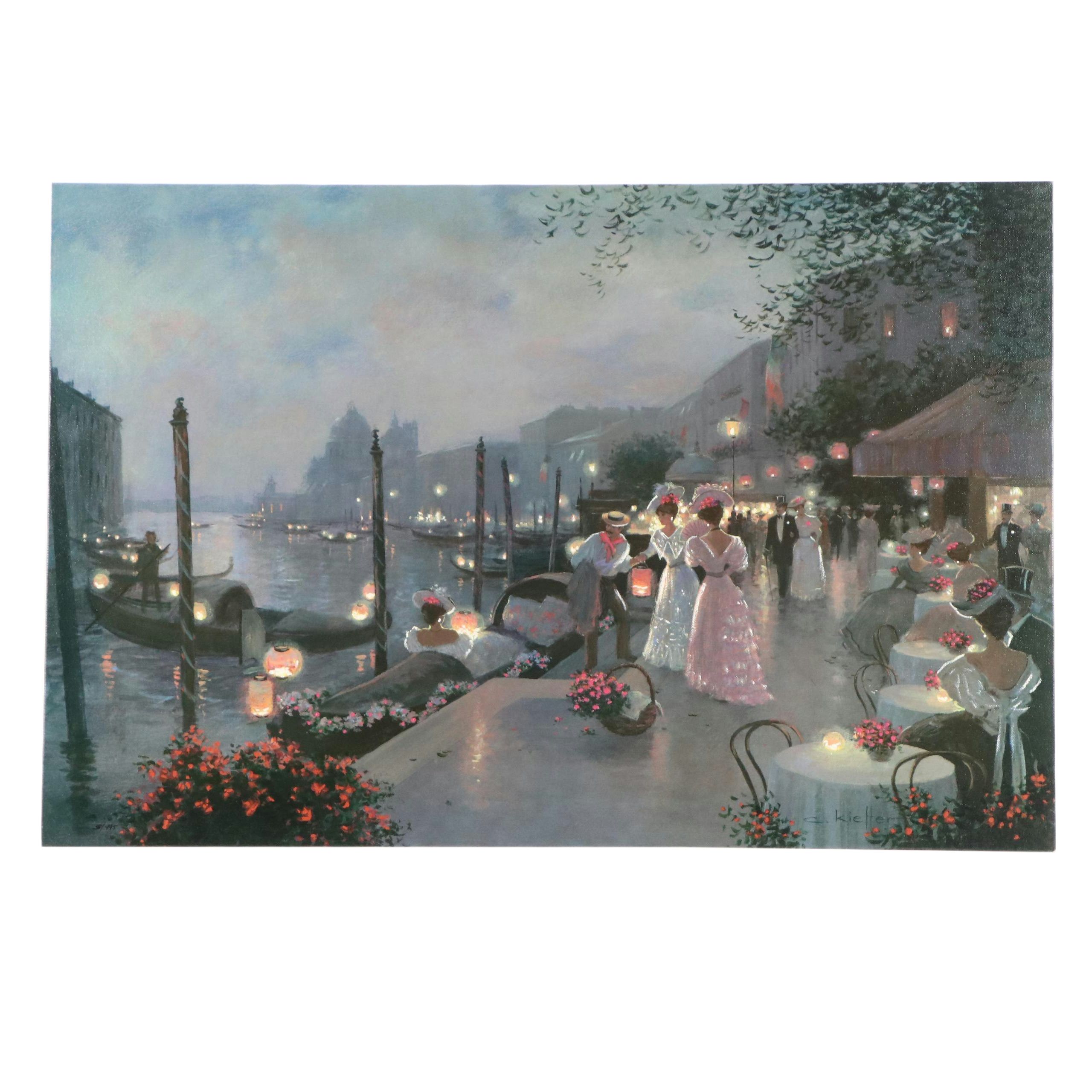 After Christa Kieffer Embellished Offset Lithograph "Night Festival in Venice"