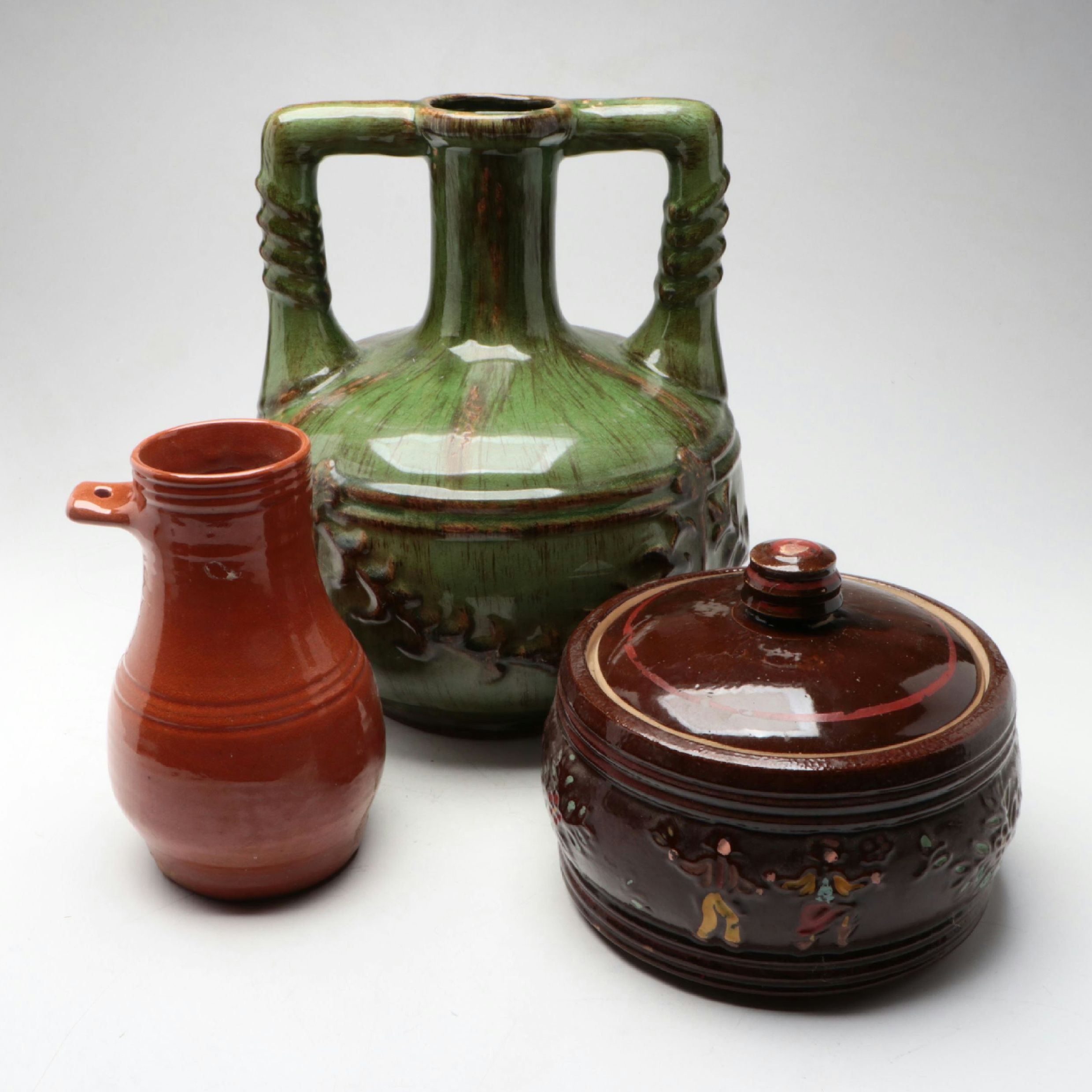 Williamsburg Pottery Clay Bird Bottle with Other Stoneware Pot and Vase