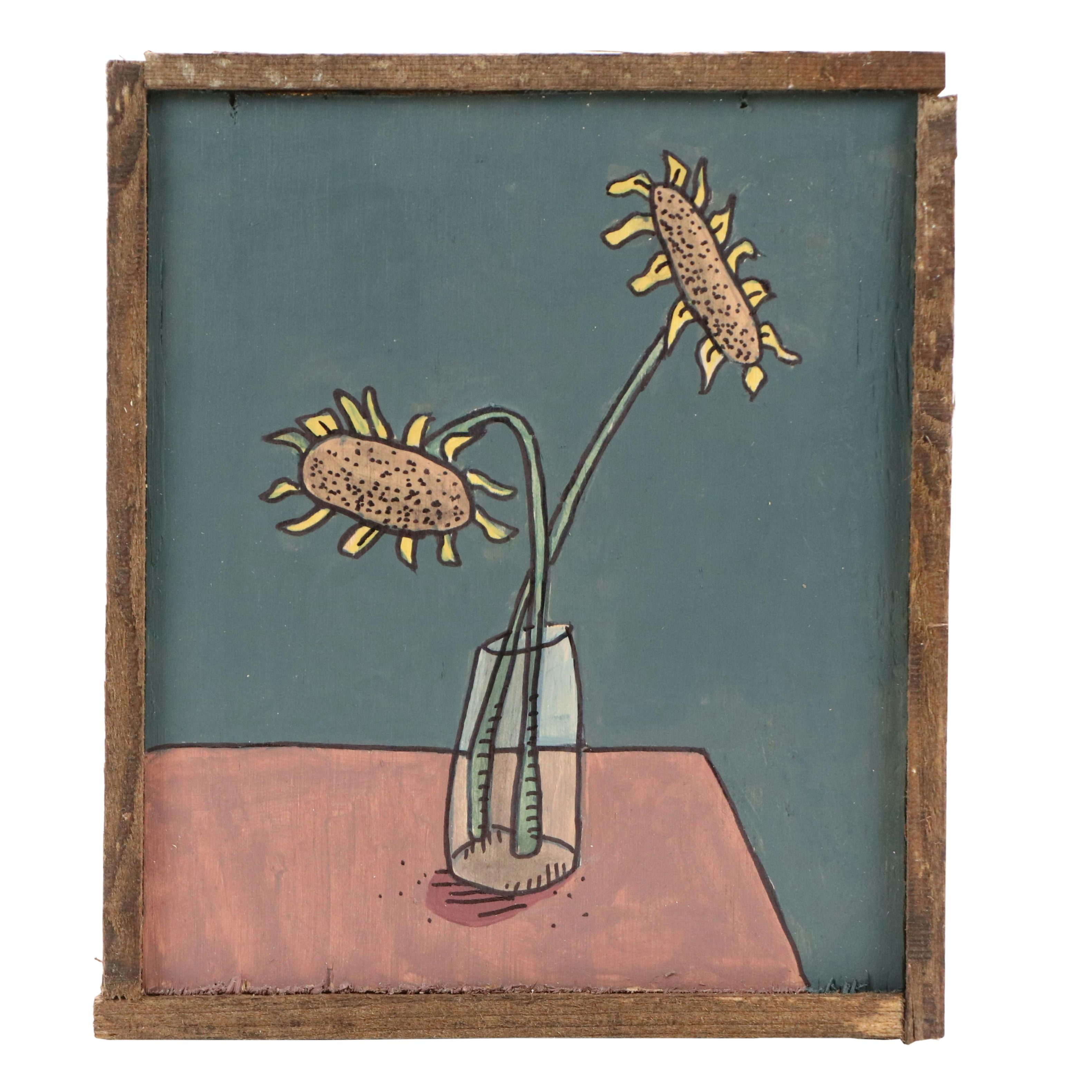 Aaron Wooten Stylized Floral Still Life Mixed Media Painting "Sunflowers," 2025
