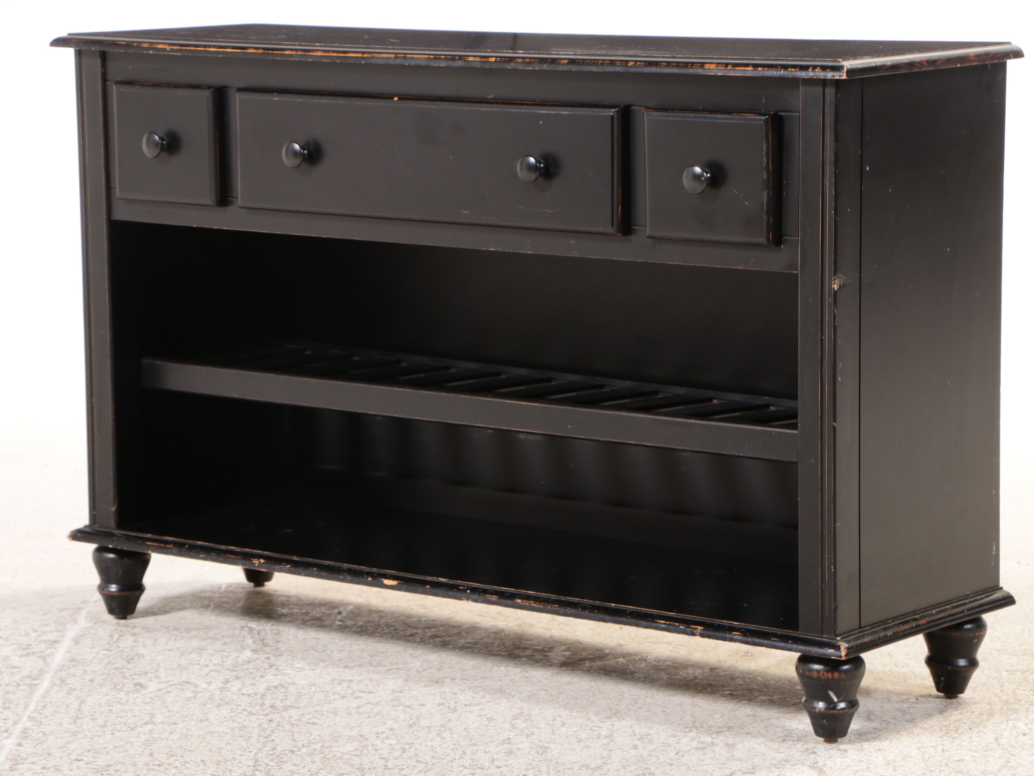 Ballard Designs Black Painted Console with Four Black Chairs with Rush Seats