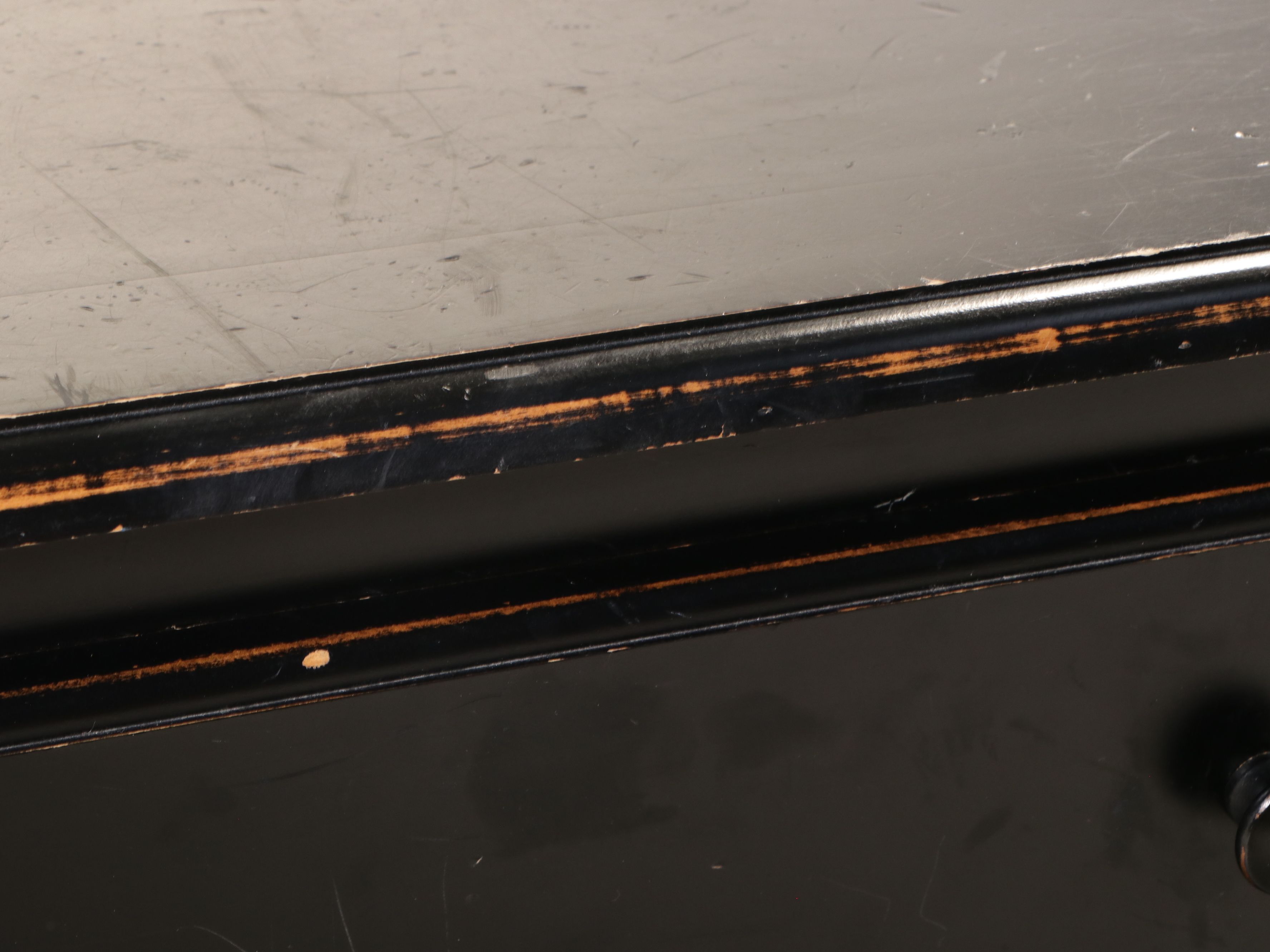 Ballard Designs Black Painted Console with Four Black Chairs with Rush Seats