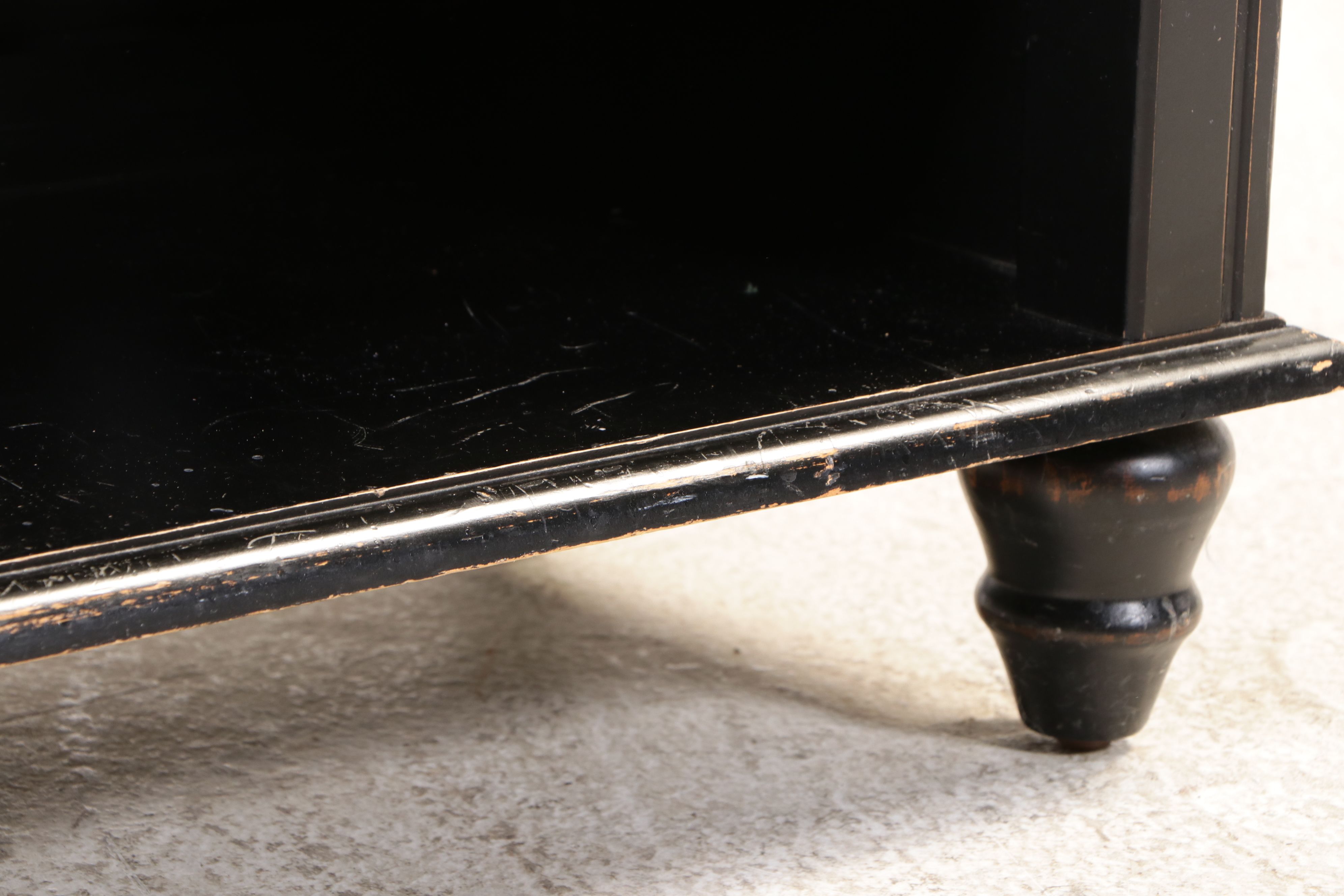 Ballard Designs Black Painted Console with Four Black Chairs with Rush Seats