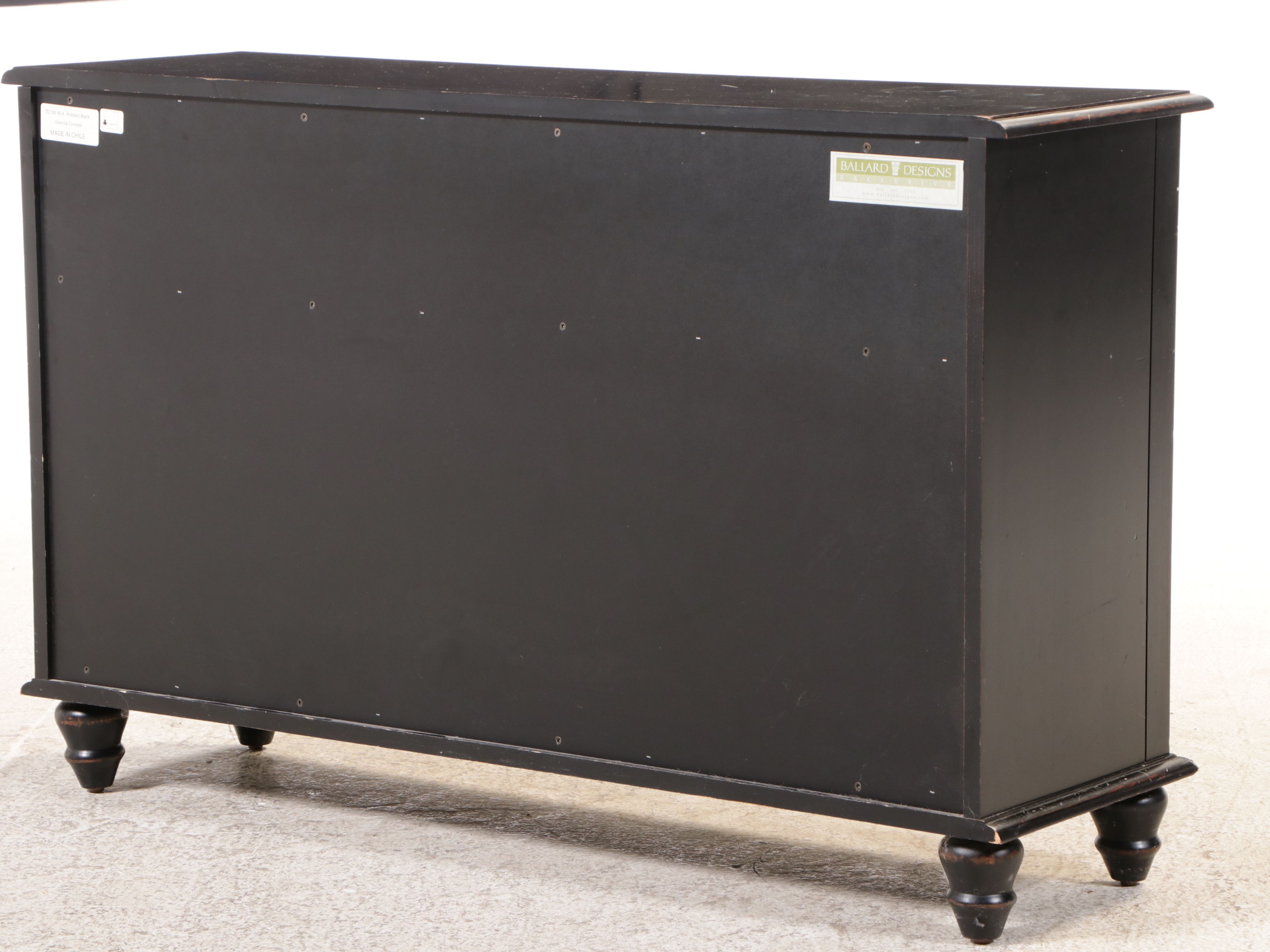 Ballard Designs Black Painted Console with Four Black Chairs with Rush Seats