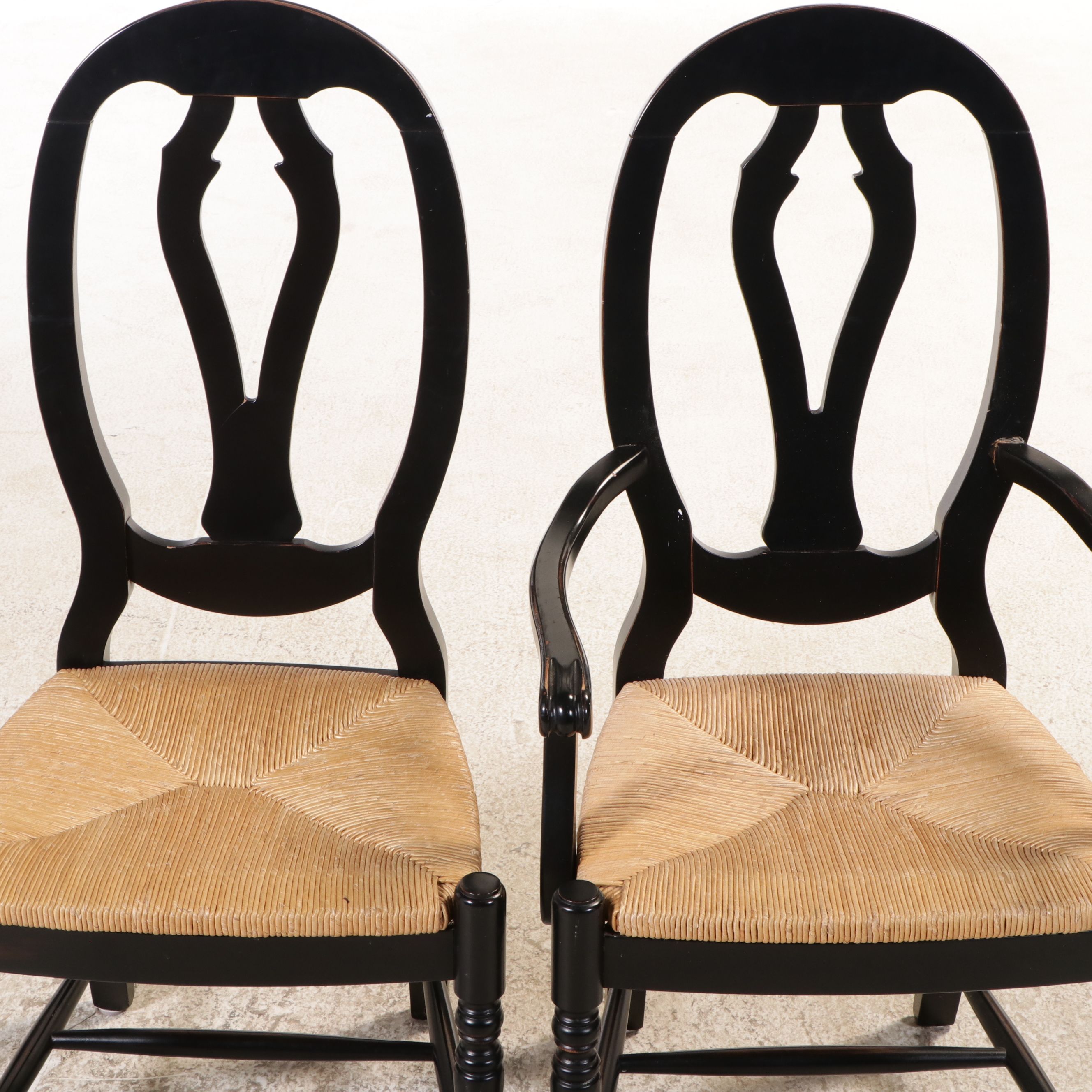 Ballard Designs Black Painted Console with Four Black Chairs with Rush Seats