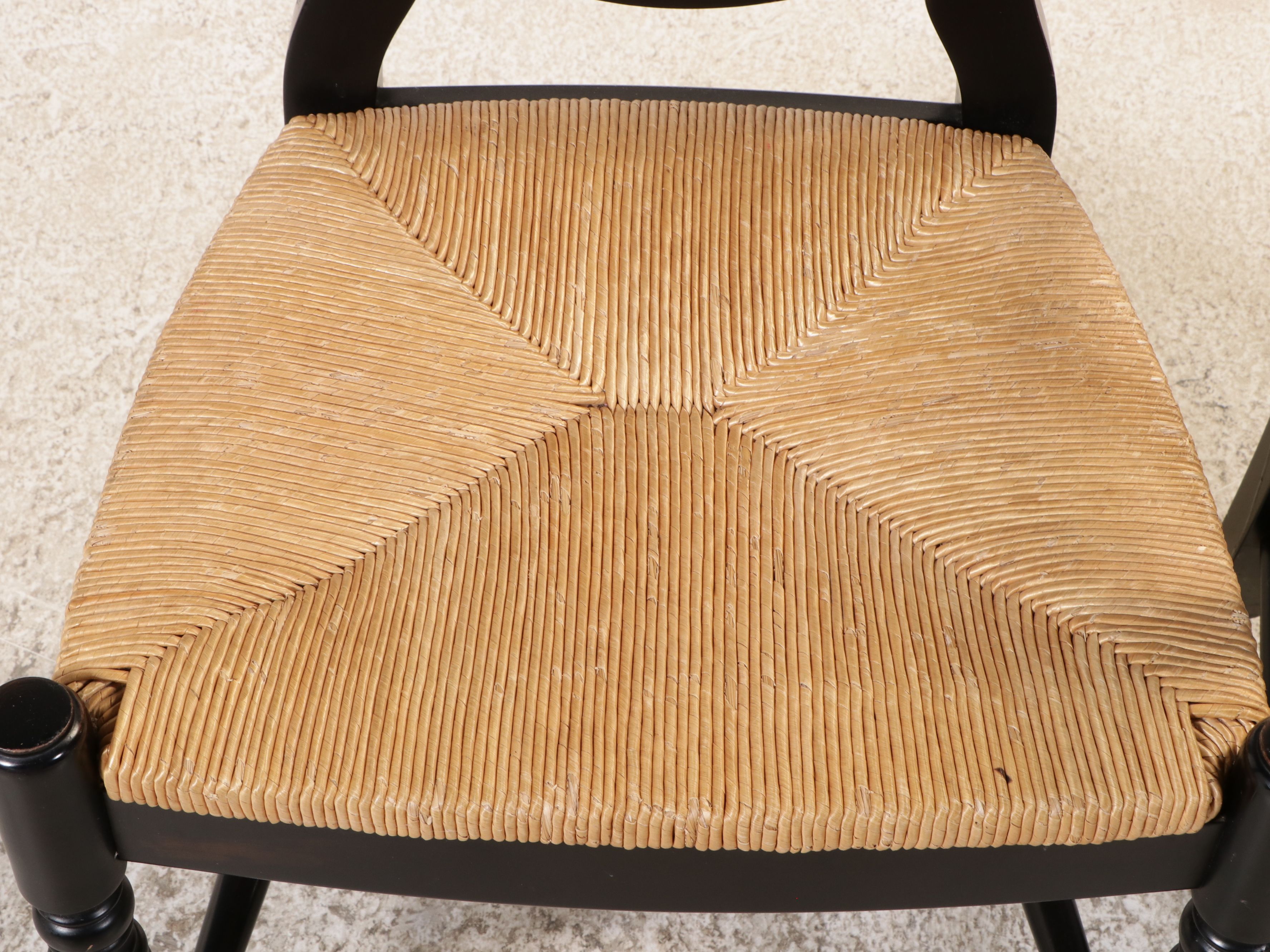 Ballard Designs Black Painted Console with Four Black Chairs with Rush Seats