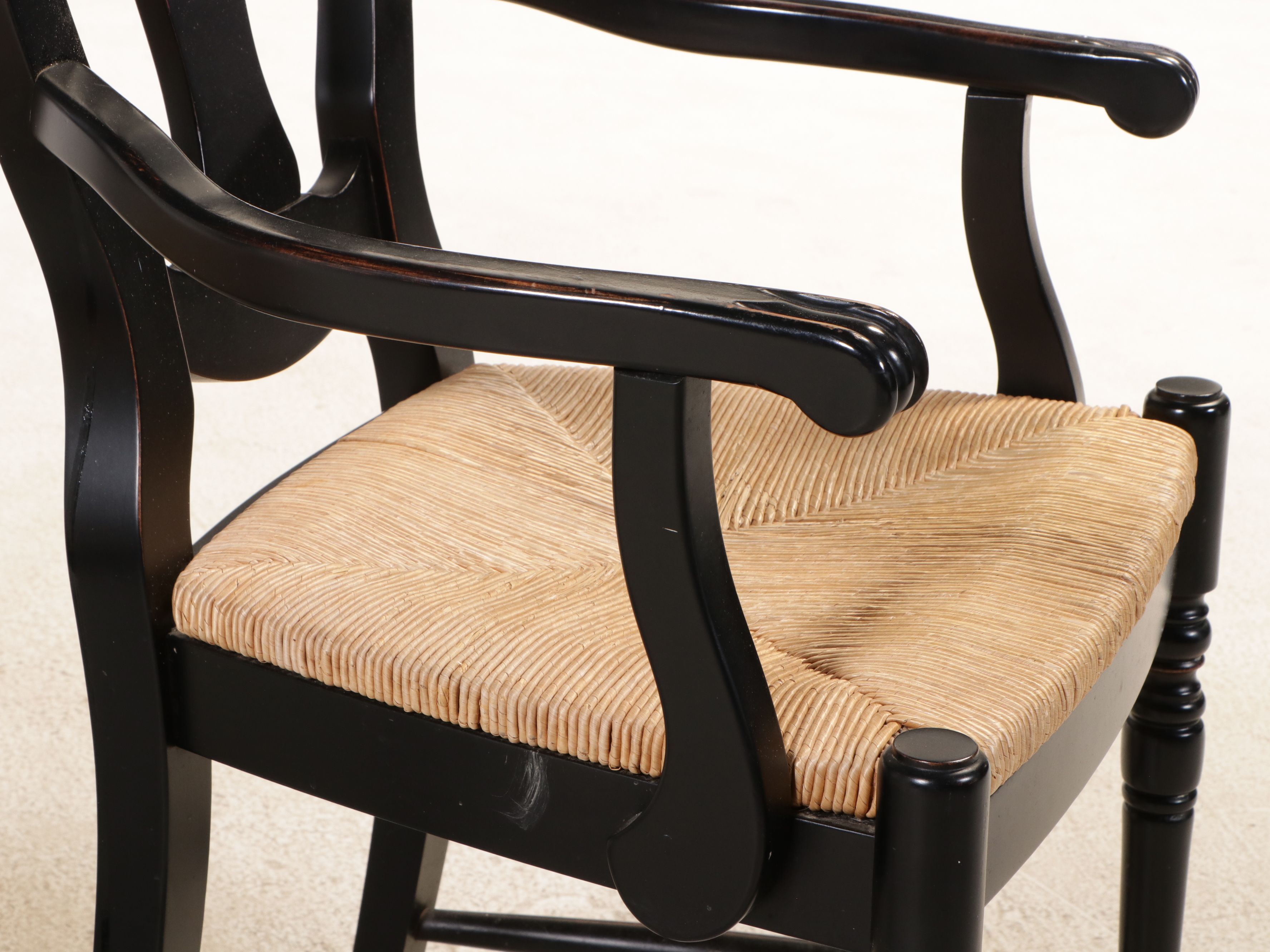 Ballard Designs Black Painted Console with Four Black Chairs with Rush Seats