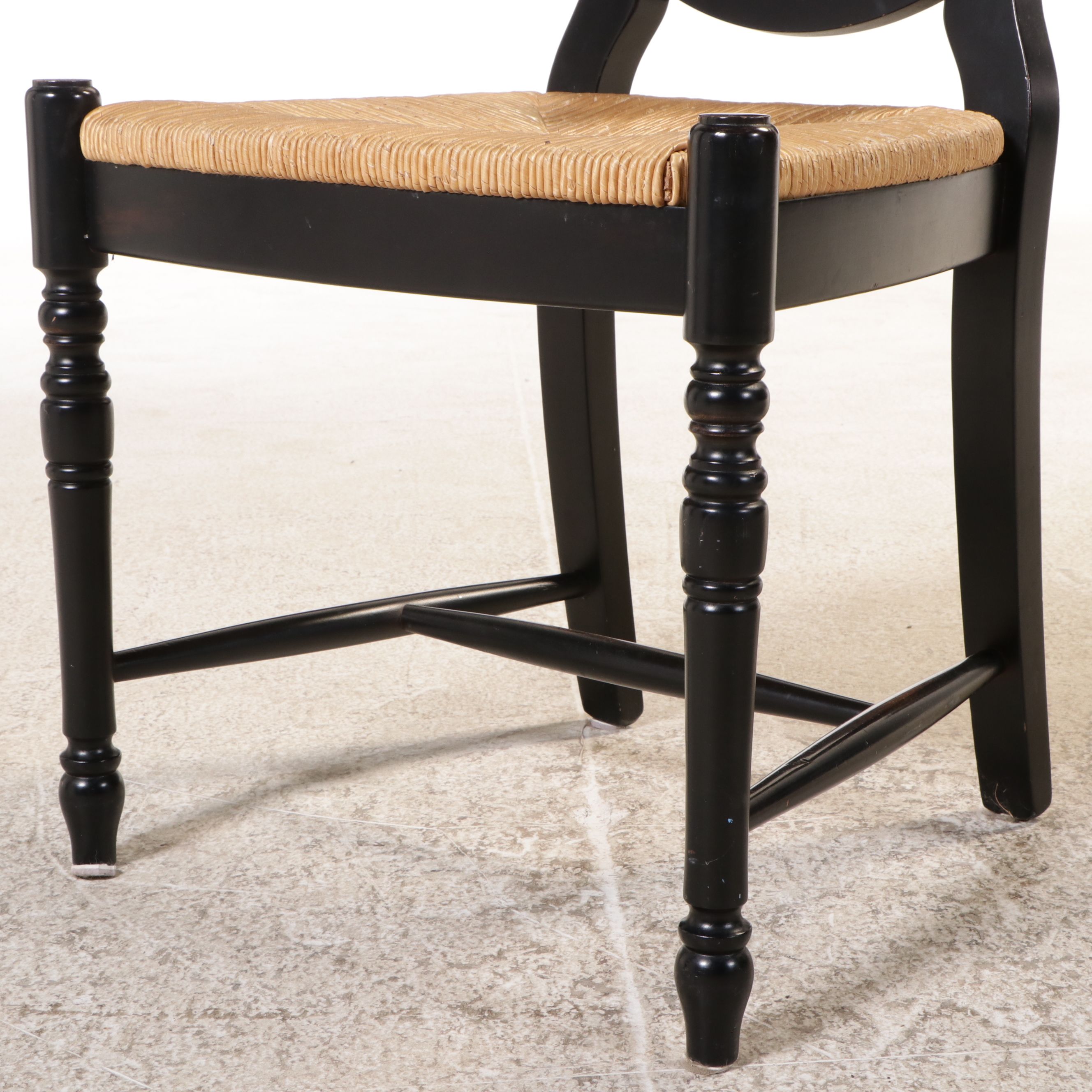 Ballard Designs Black Painted Console with Four Black Chairs with Rush Seats