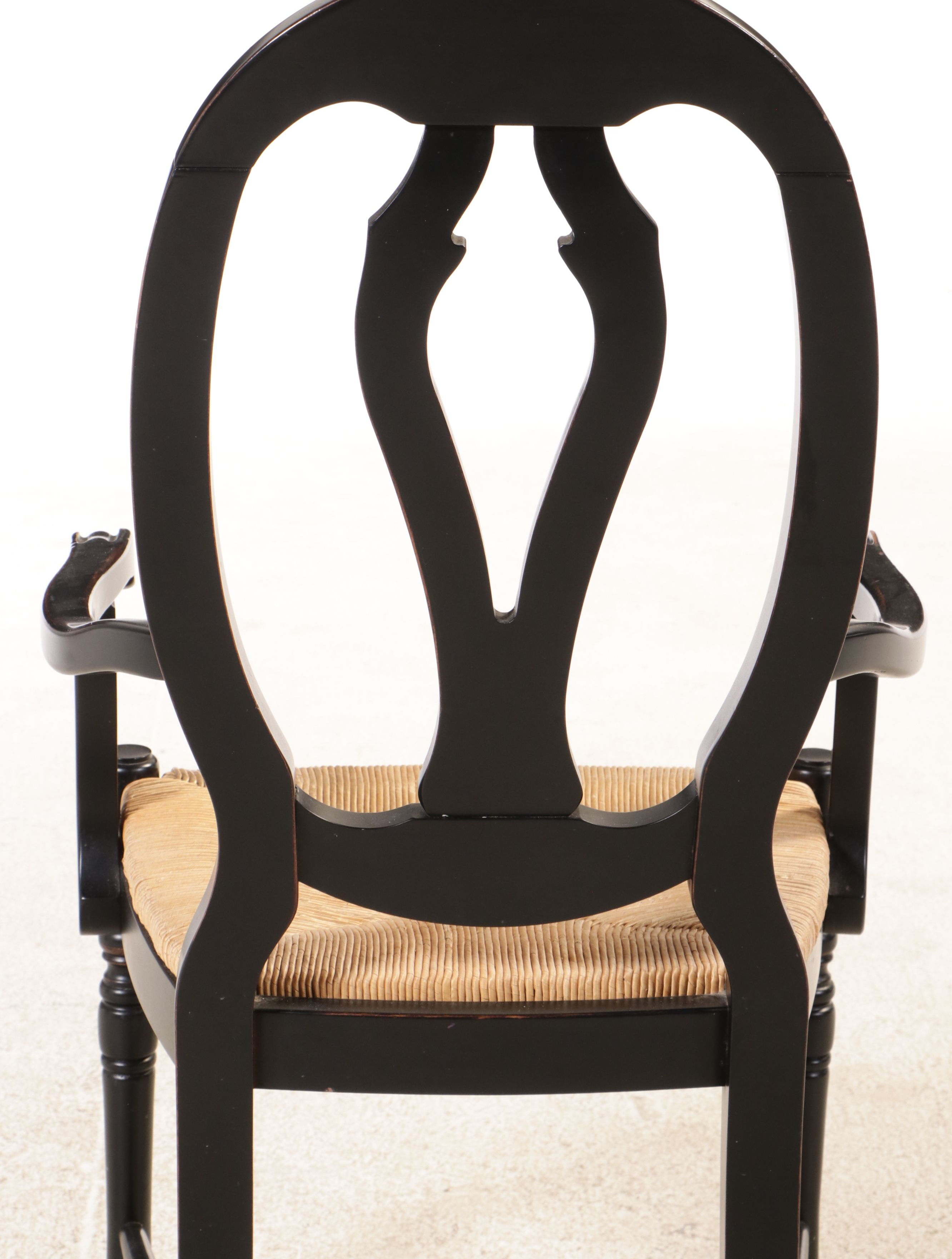 Ballard Designs Black Painted Console with Four Black Chairs with Rush Seats