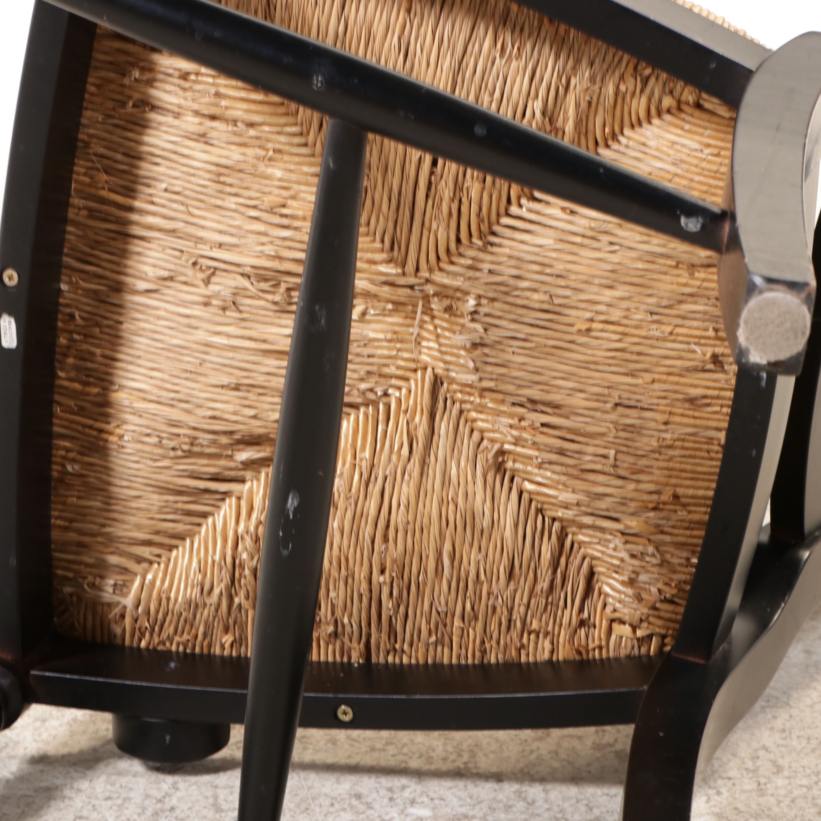 Ballard Designs Black Painted Console with Four Black Chairs with Rush Seats