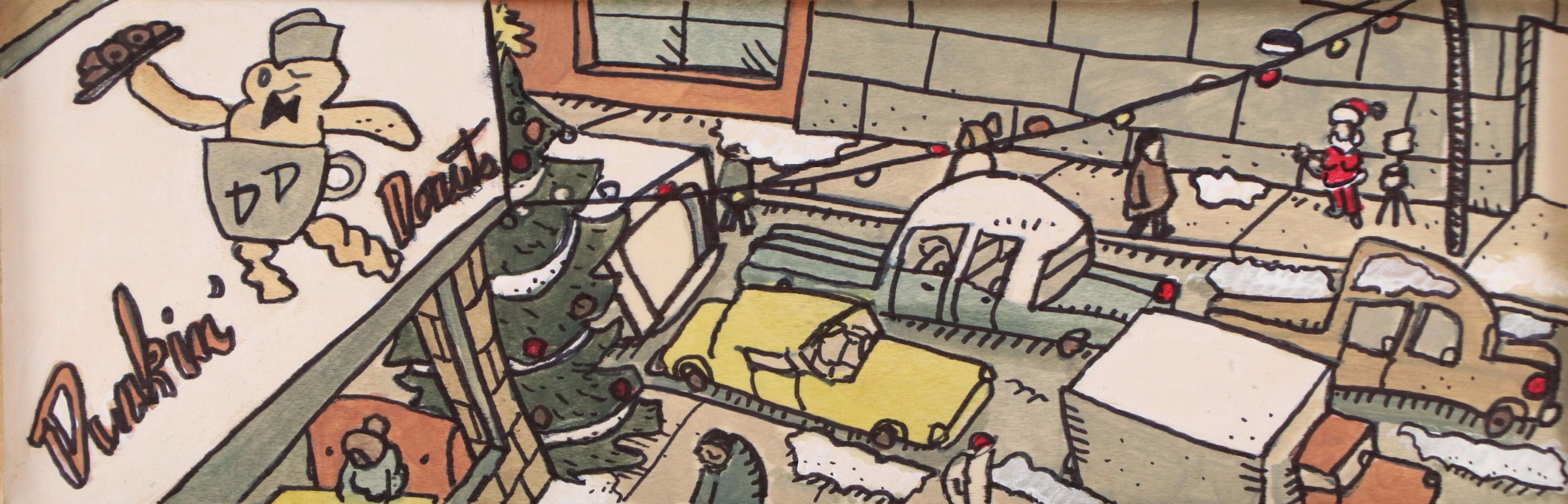 Aaron Wooten Stylized Mixed Media Painting "A Dunkin Donuts Christmas.," 2024