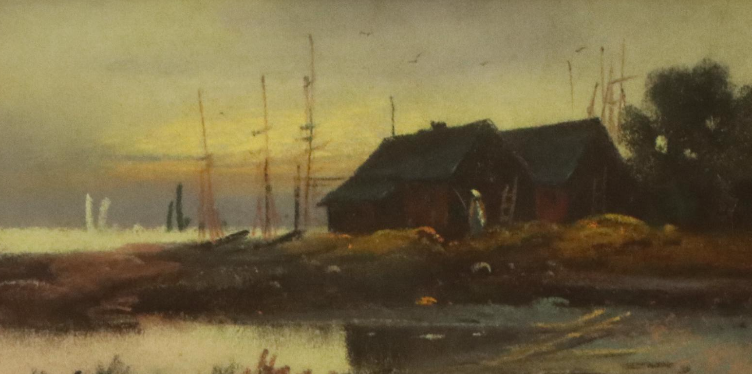 Oil Pastel Drawing of Coastal Scene with Distant Ships, 20th Century