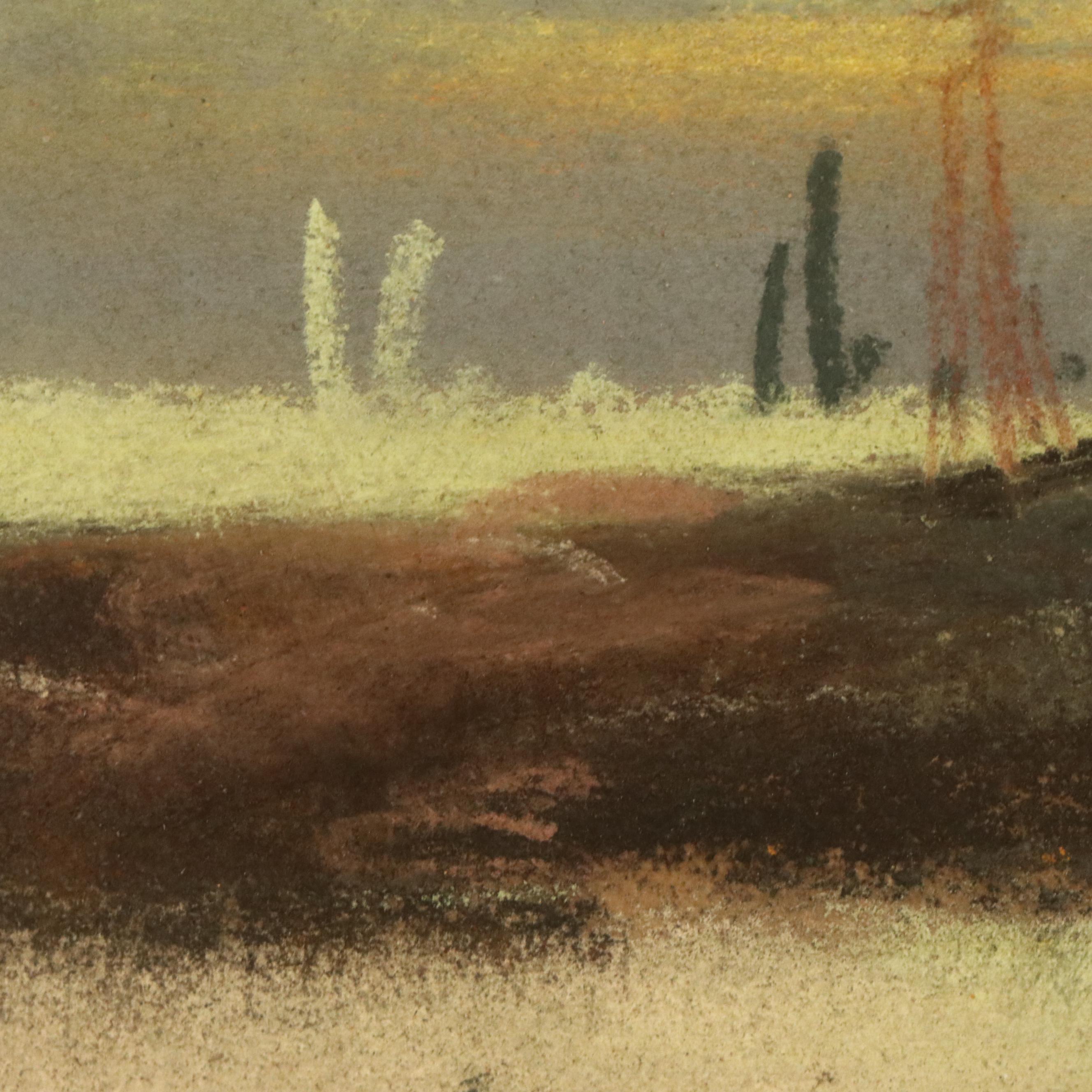 Oil Pastel Drawing of Coastal Scene with Distant Ships, 20th Century