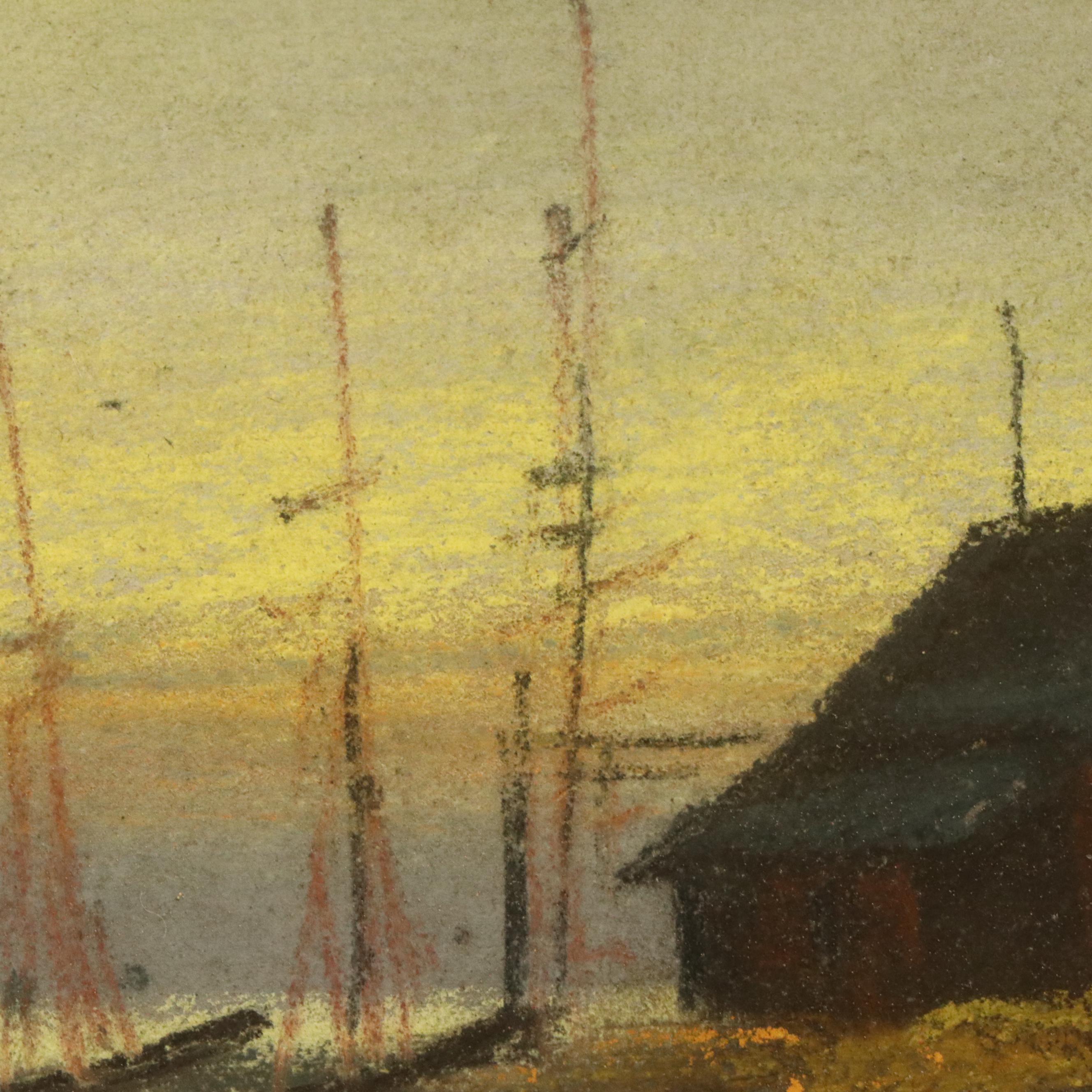 Oil Pastel Drawing of Coastal Scene with Distant Ships, 20th Century