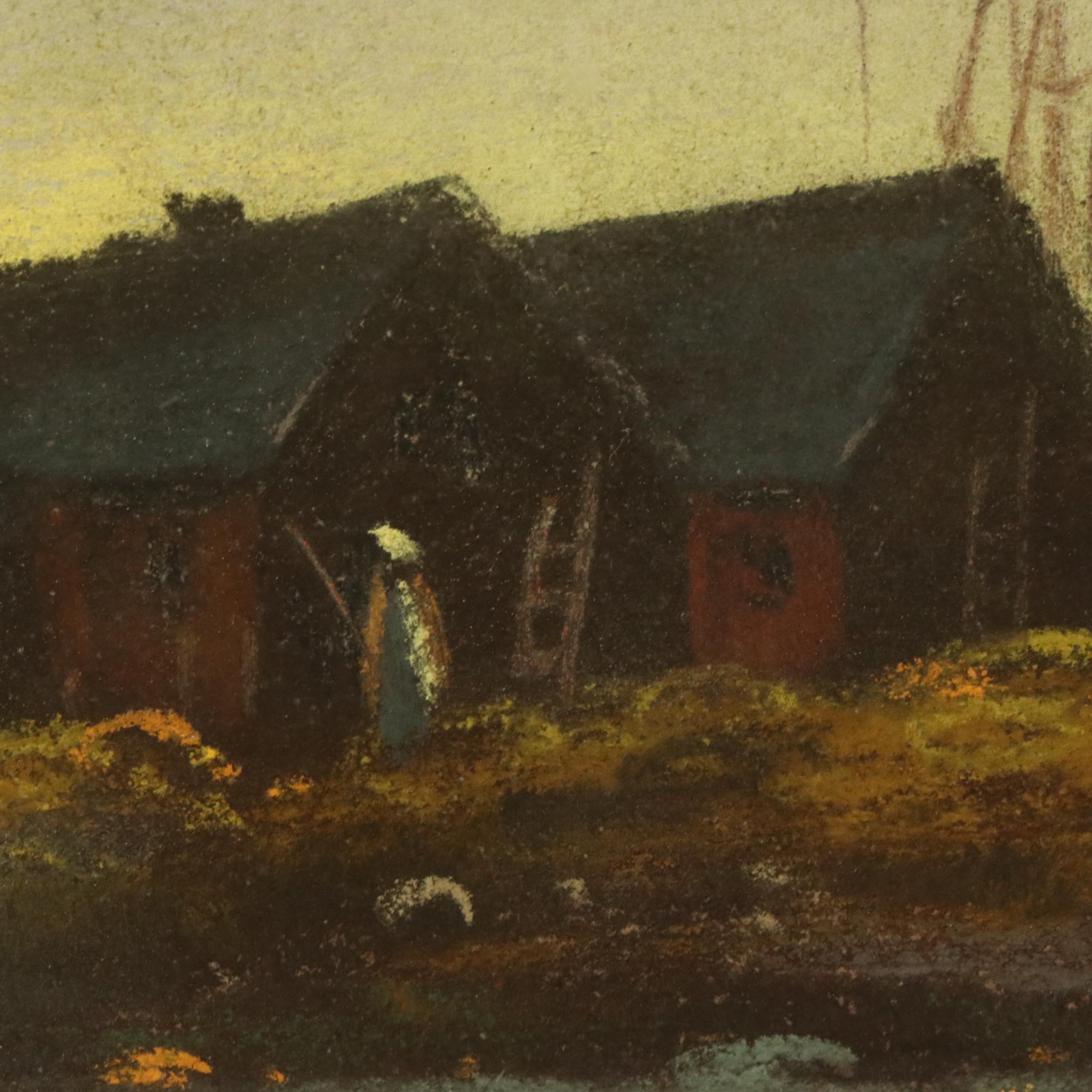 Oil Pastel Drawing of Coastal Scene with Distant Ships, 20th Century