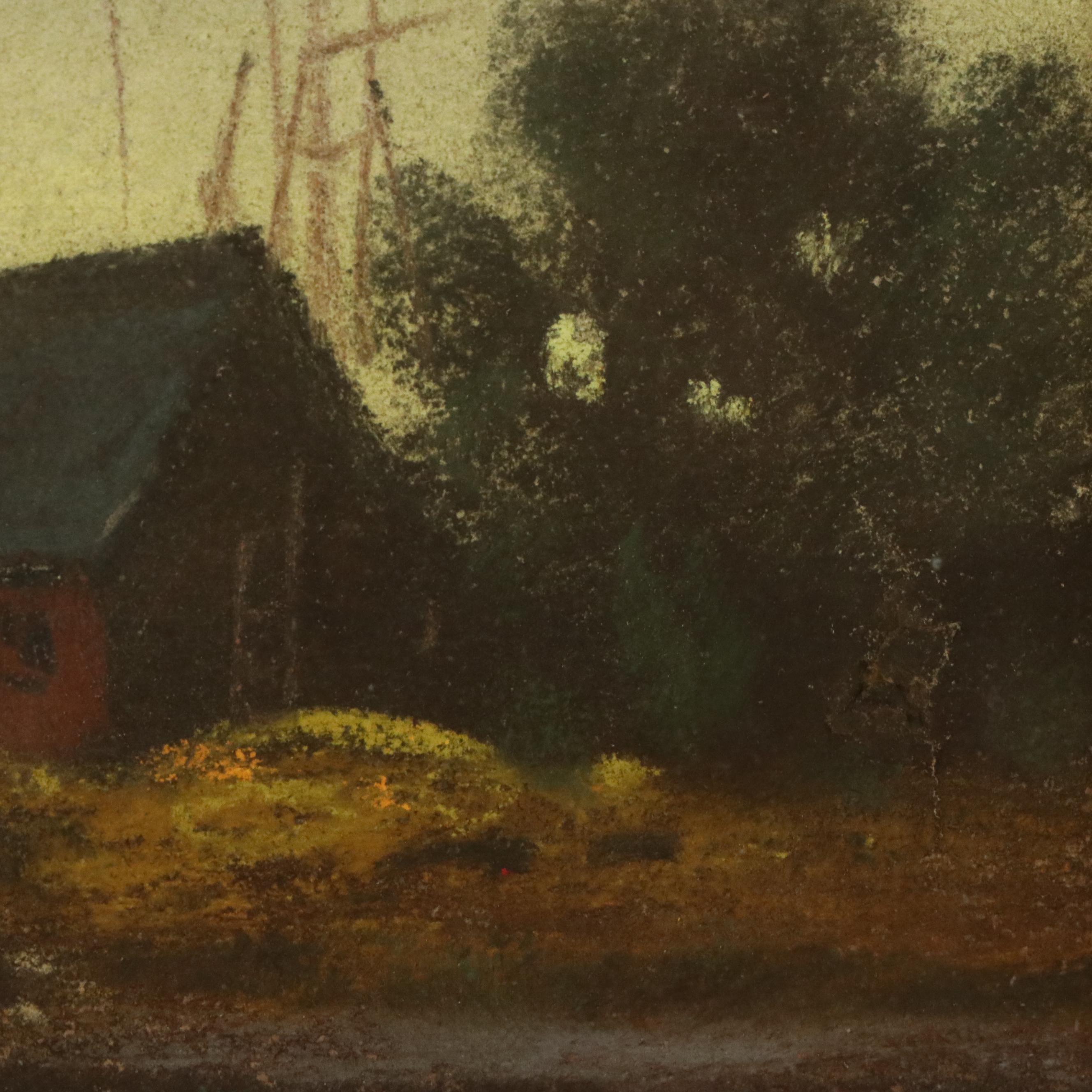 Oil Pastel Drawing of Coastal Scene with Distant Ships, 20th Century