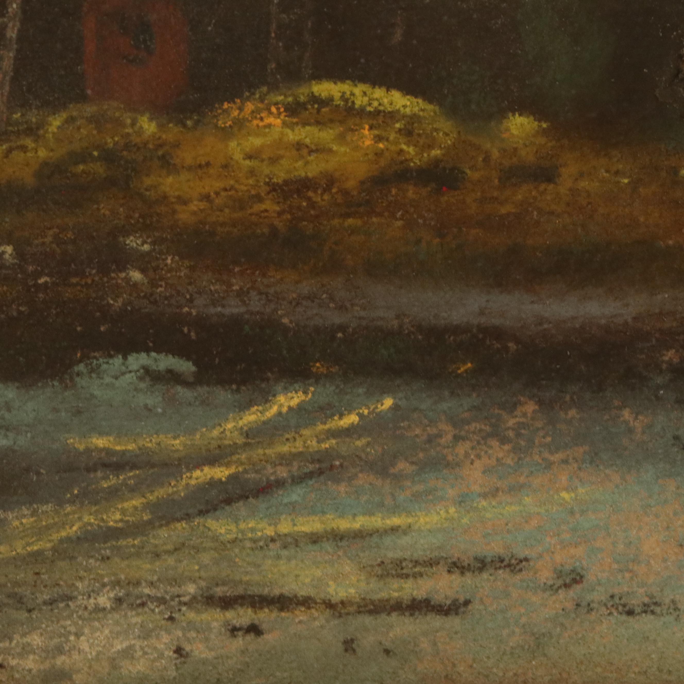 Oil Pastel Drawing of Coastal Scene with Distant Ships, 20th Century