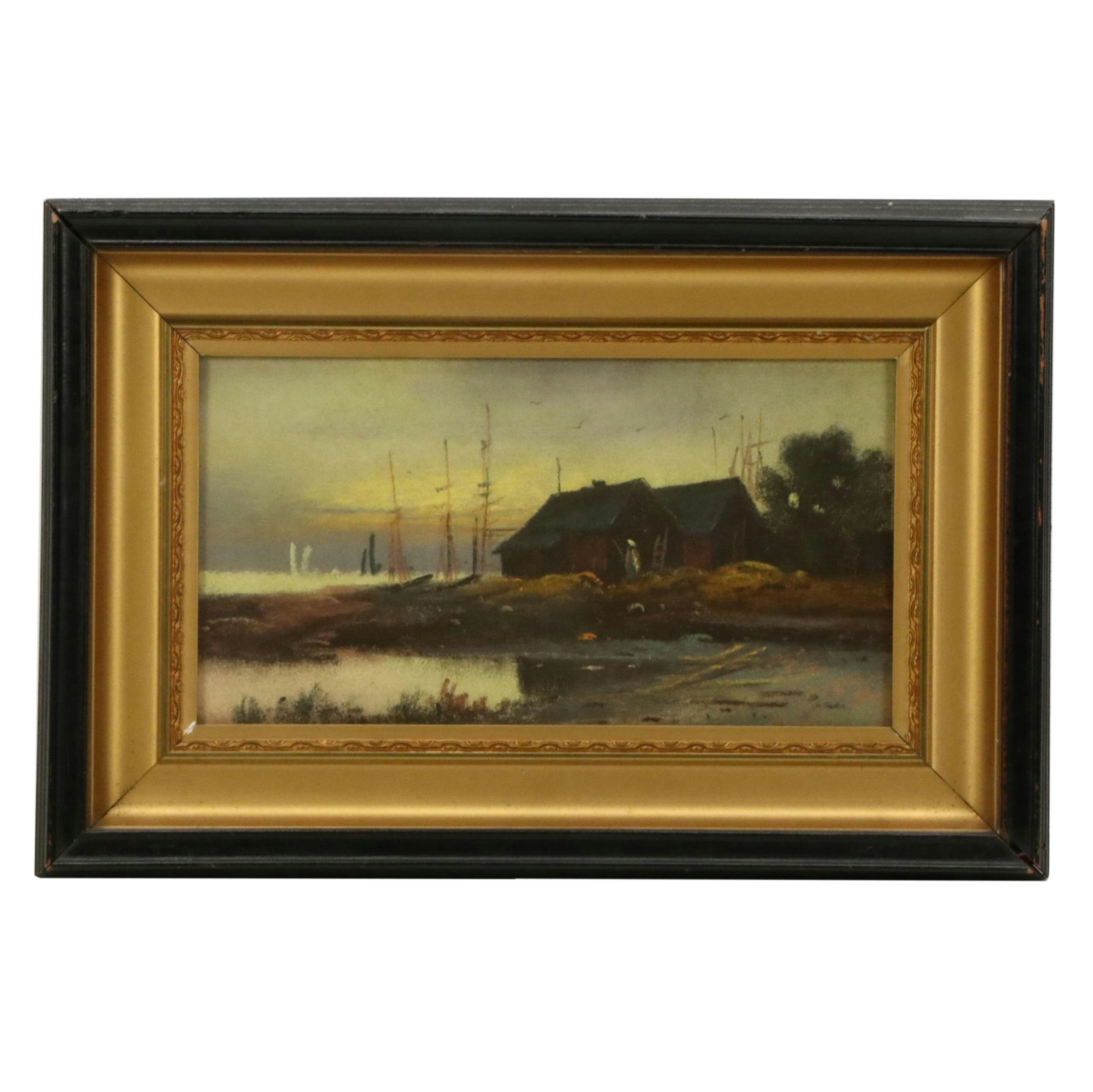 Oil Pastel Drawing of Coastal Scene with Distant Ships, 20th Century