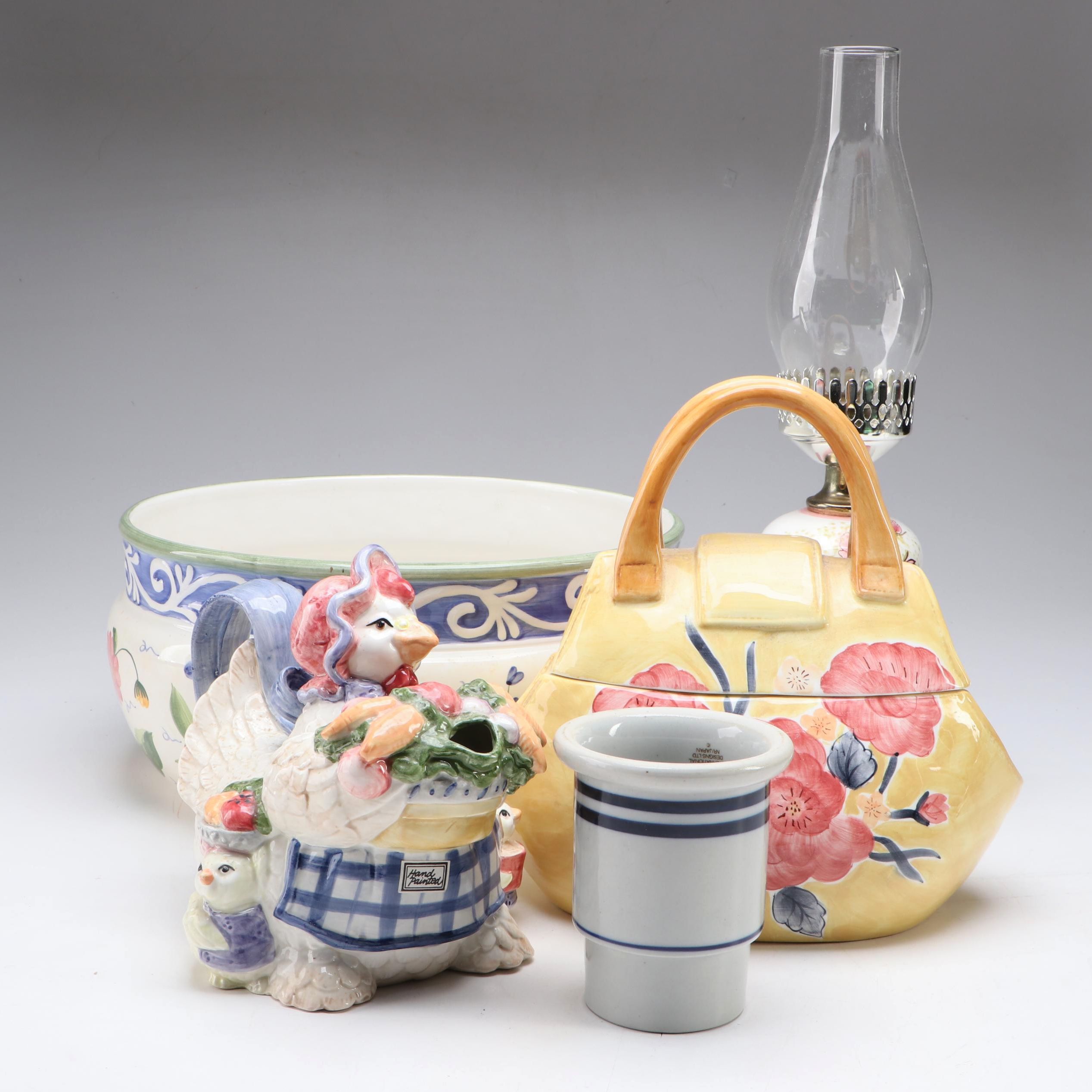 Fitz & Floyd Hand-Painted Ceramic Hen Teapot, Covered Container, Planter & More