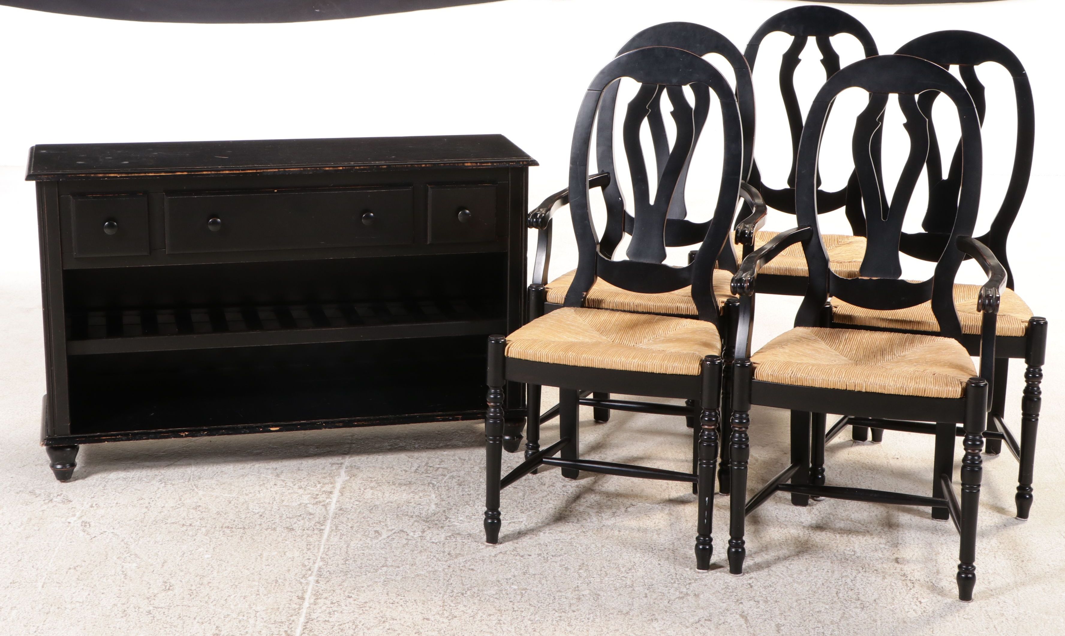 Ballard Designs Black Painted Console with Four Black Chairs with Rush Seats