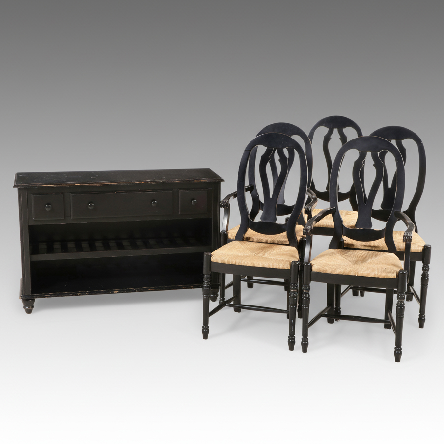 Ballard Designs Black Painted Console with Four Black Chairs with Rush Seats