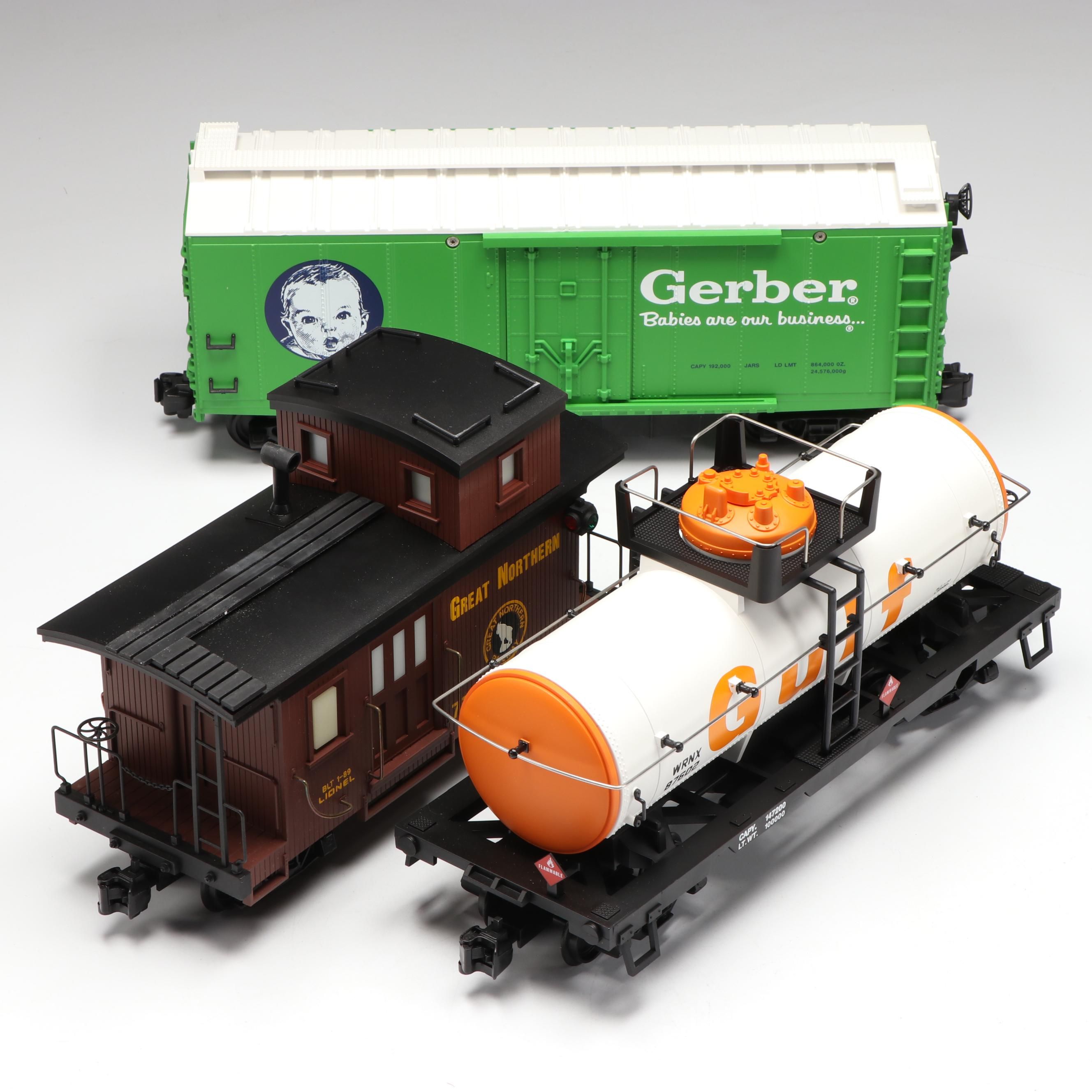 Lionel G Scale Gulf Tank Car, Gerber Reefer and Great Northern Caboose