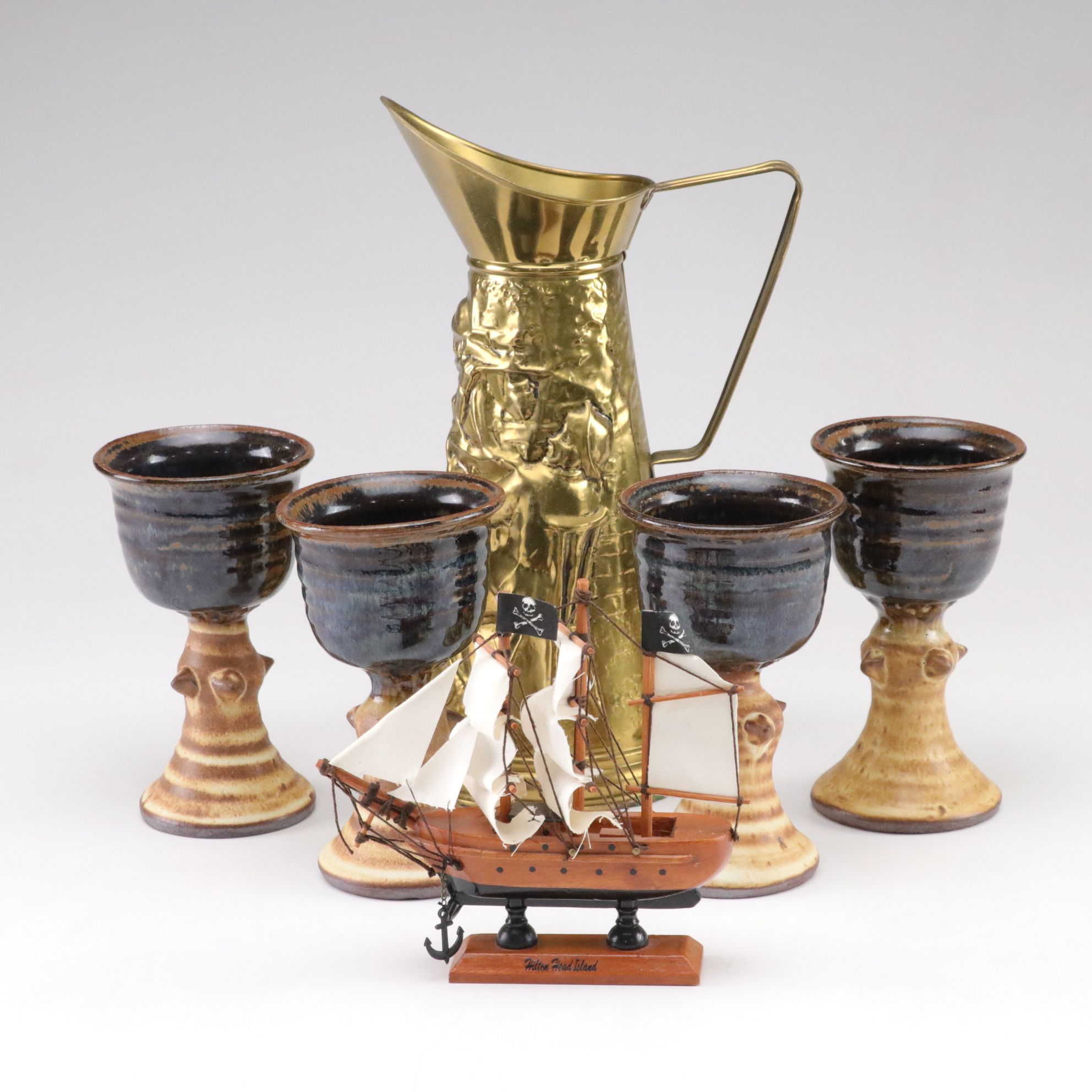 Stoneware Drip Glaze Goblets with Souvenir Hilton Head Island Pirate Ship & More