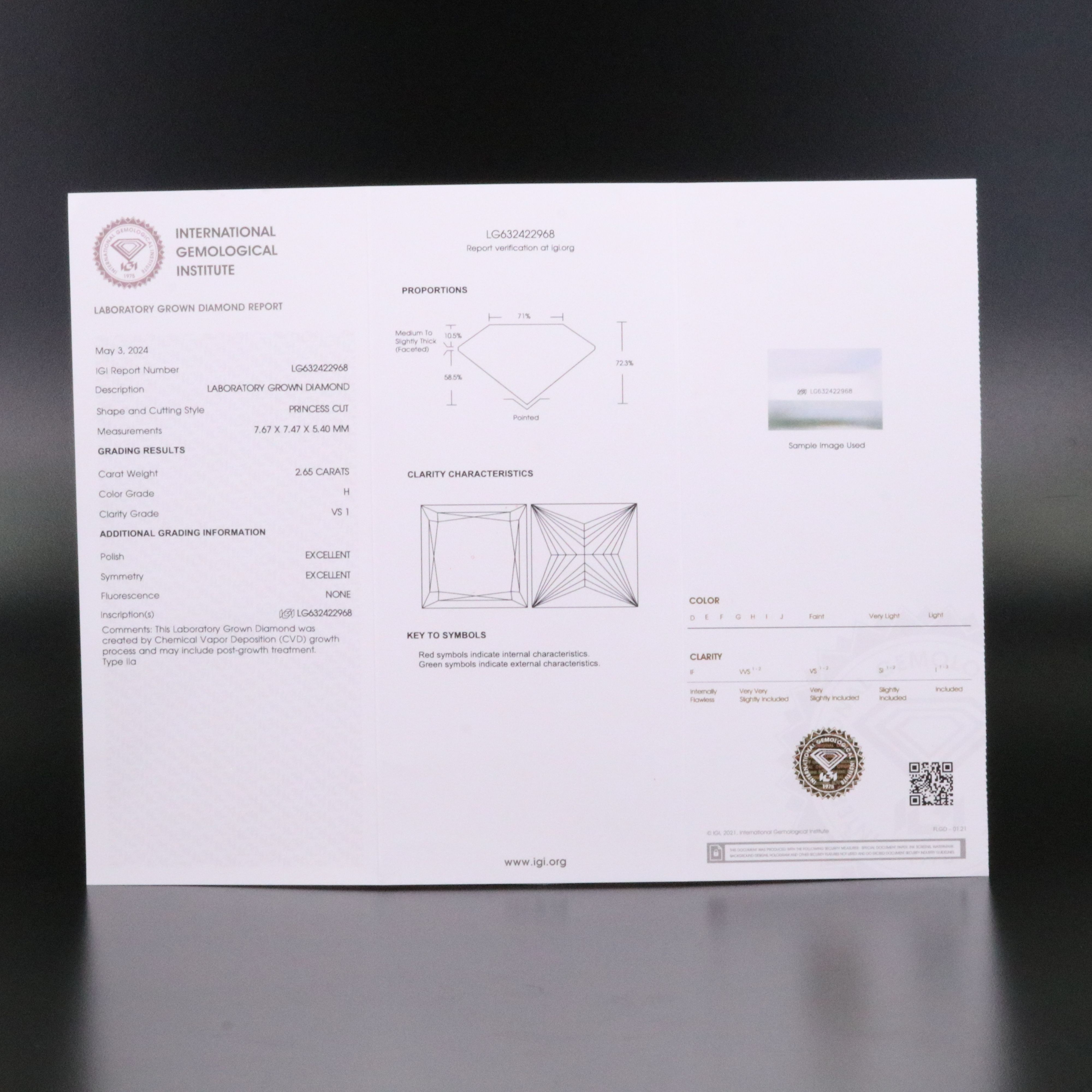 Loose 2.65 CT Lab Grown Diamond with IGI Report