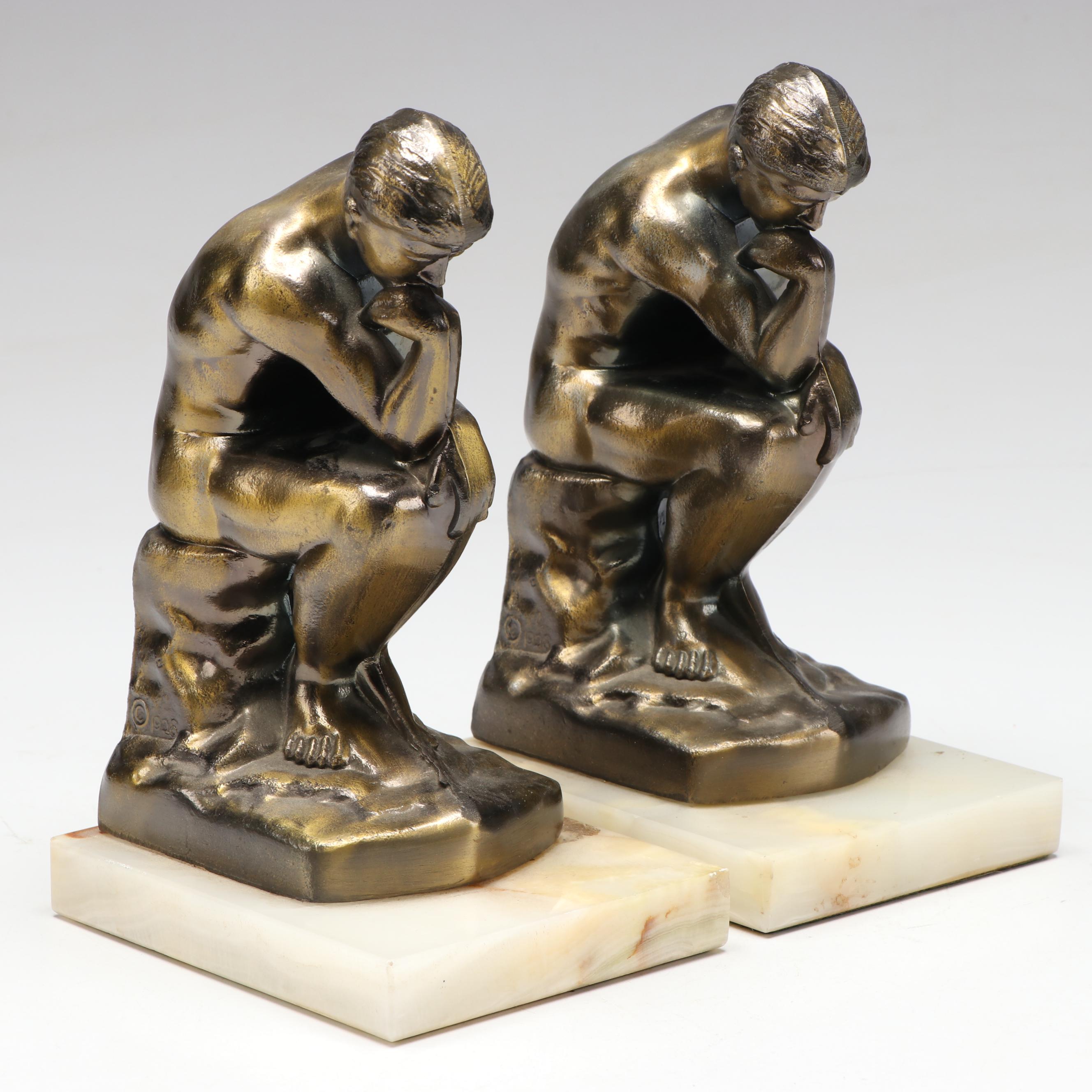 Pair of Bronzed Metal Bookends After Rodin's "The Thinker"