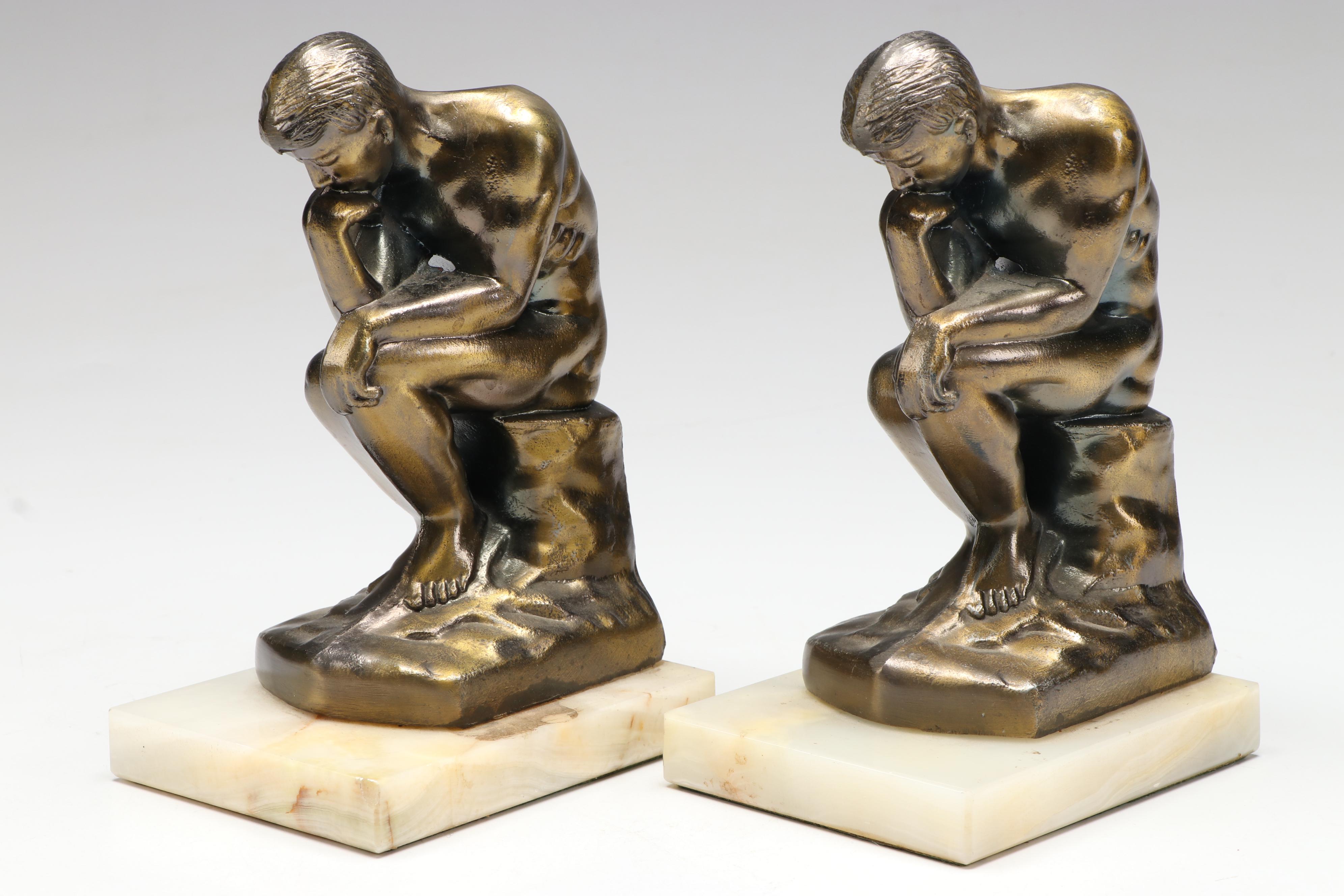 Pair of Bronzed Metal Bookends After Rodin's "The Thinker"