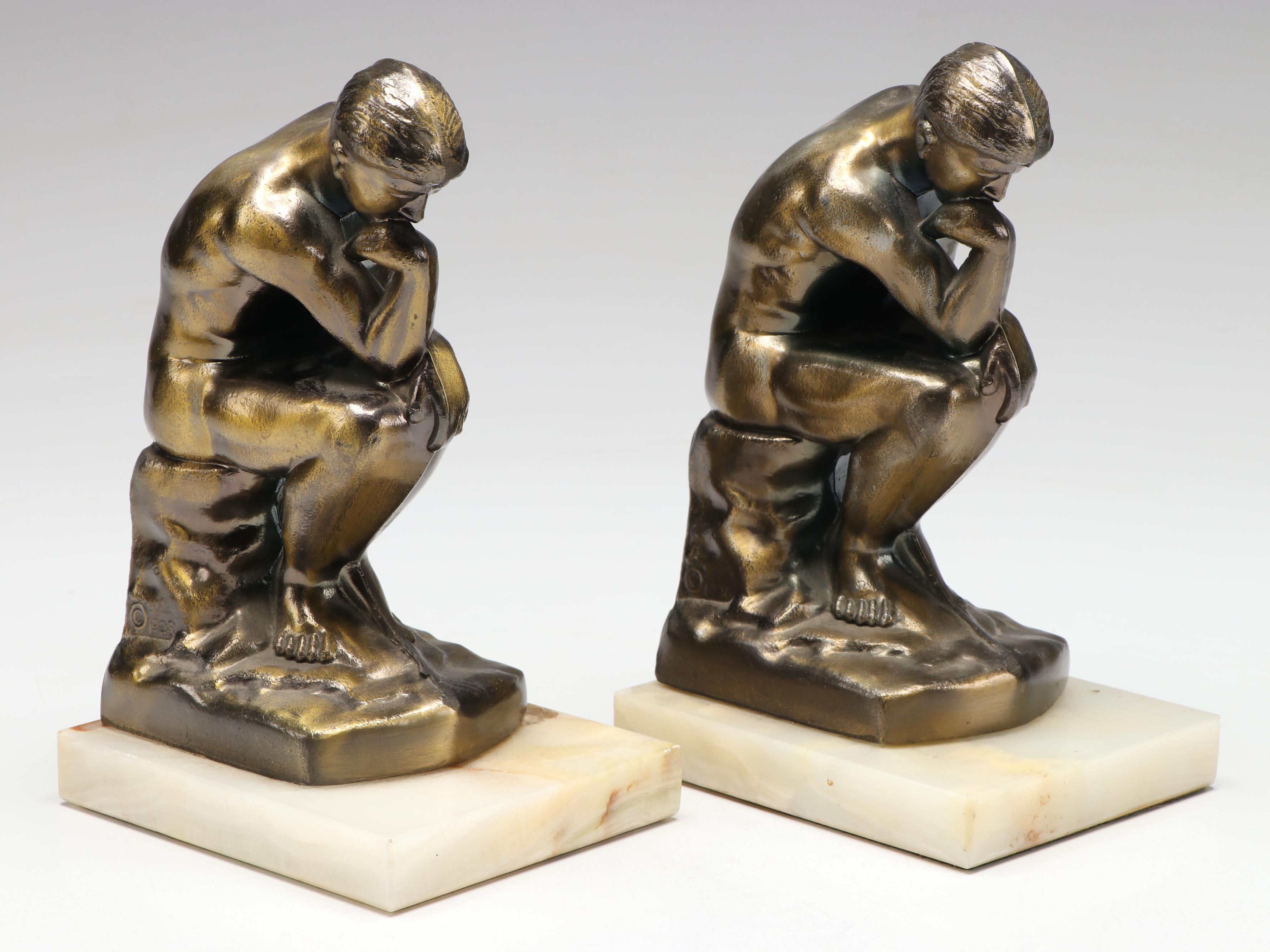 Pair of Bronzed Metal Bookends After Rodin's "The Thinker"