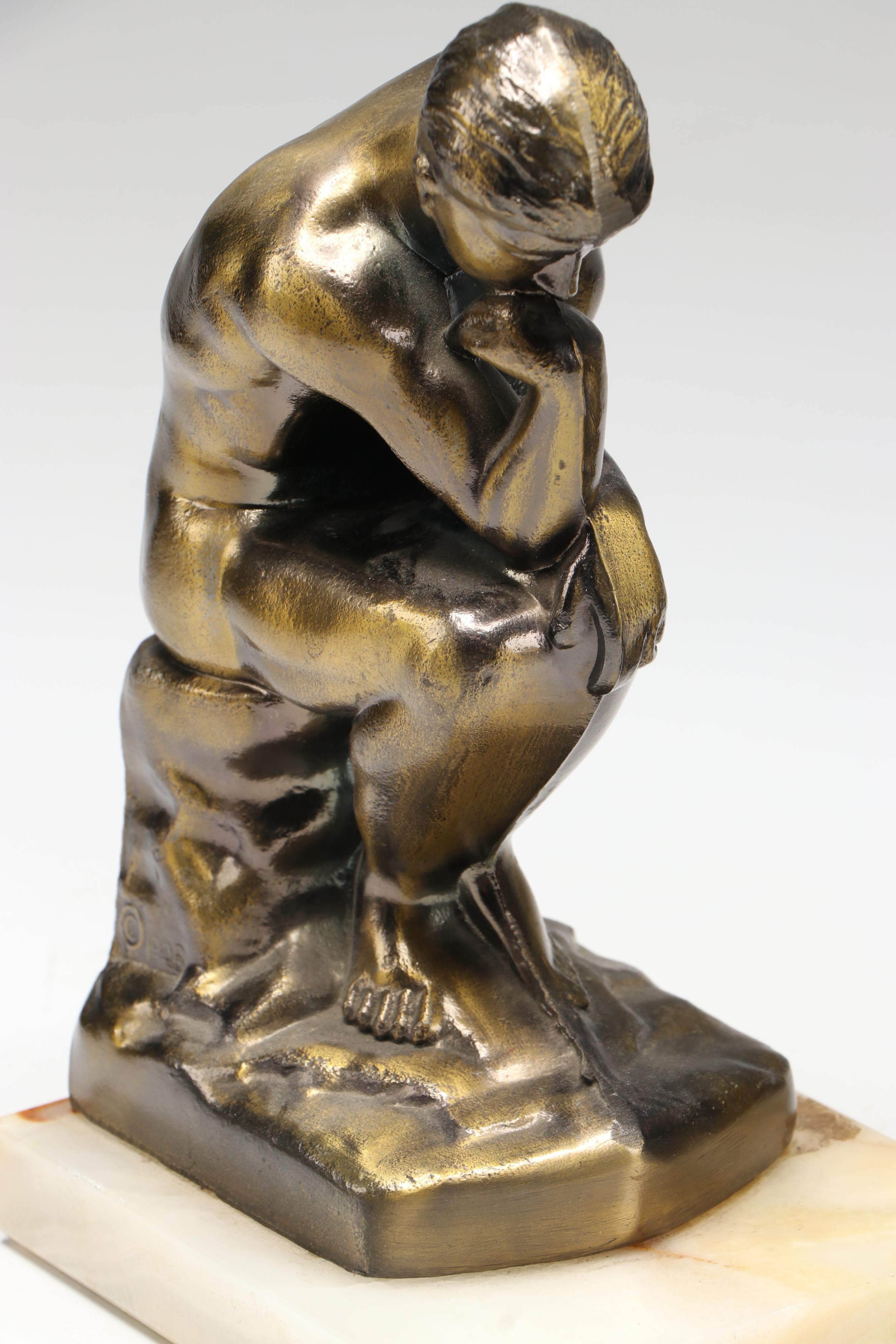 Pair of Bronzed Metal Bookends After Rodin's "The Thinker"