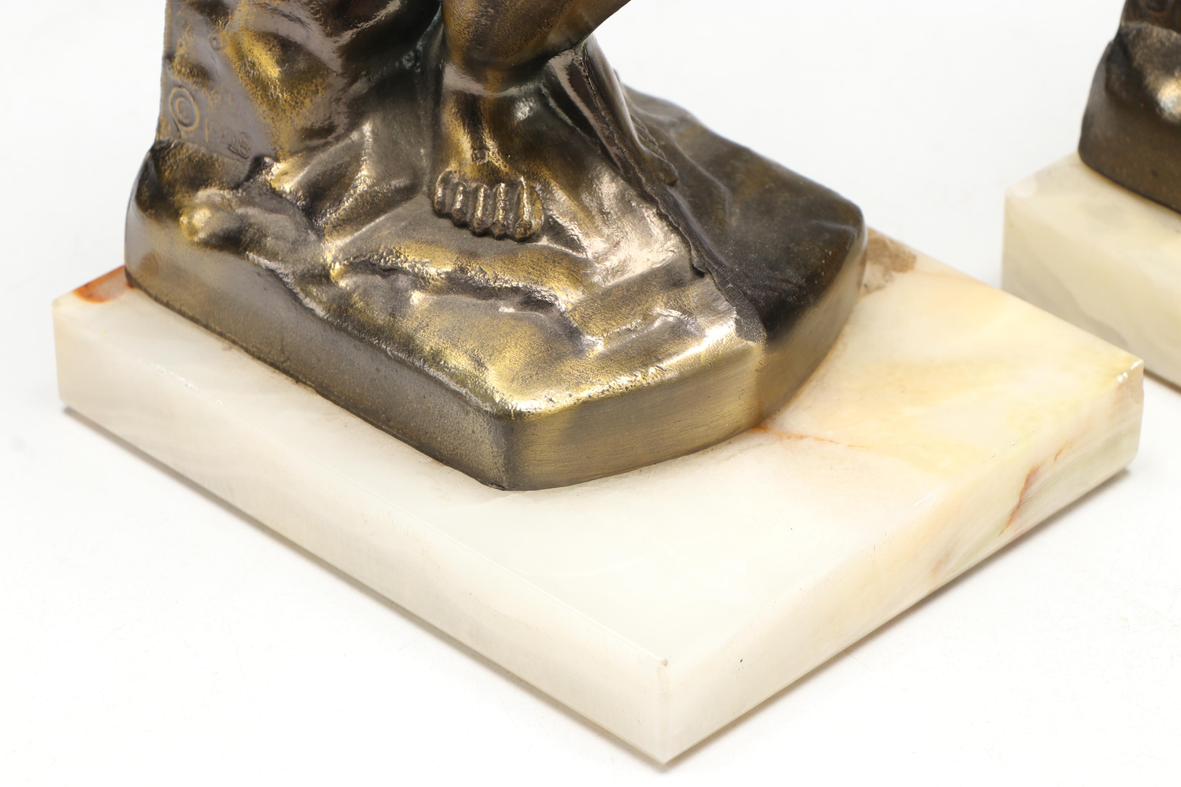 Pair of Bronzed Metal Bookends After Rodin's "The Thinker"