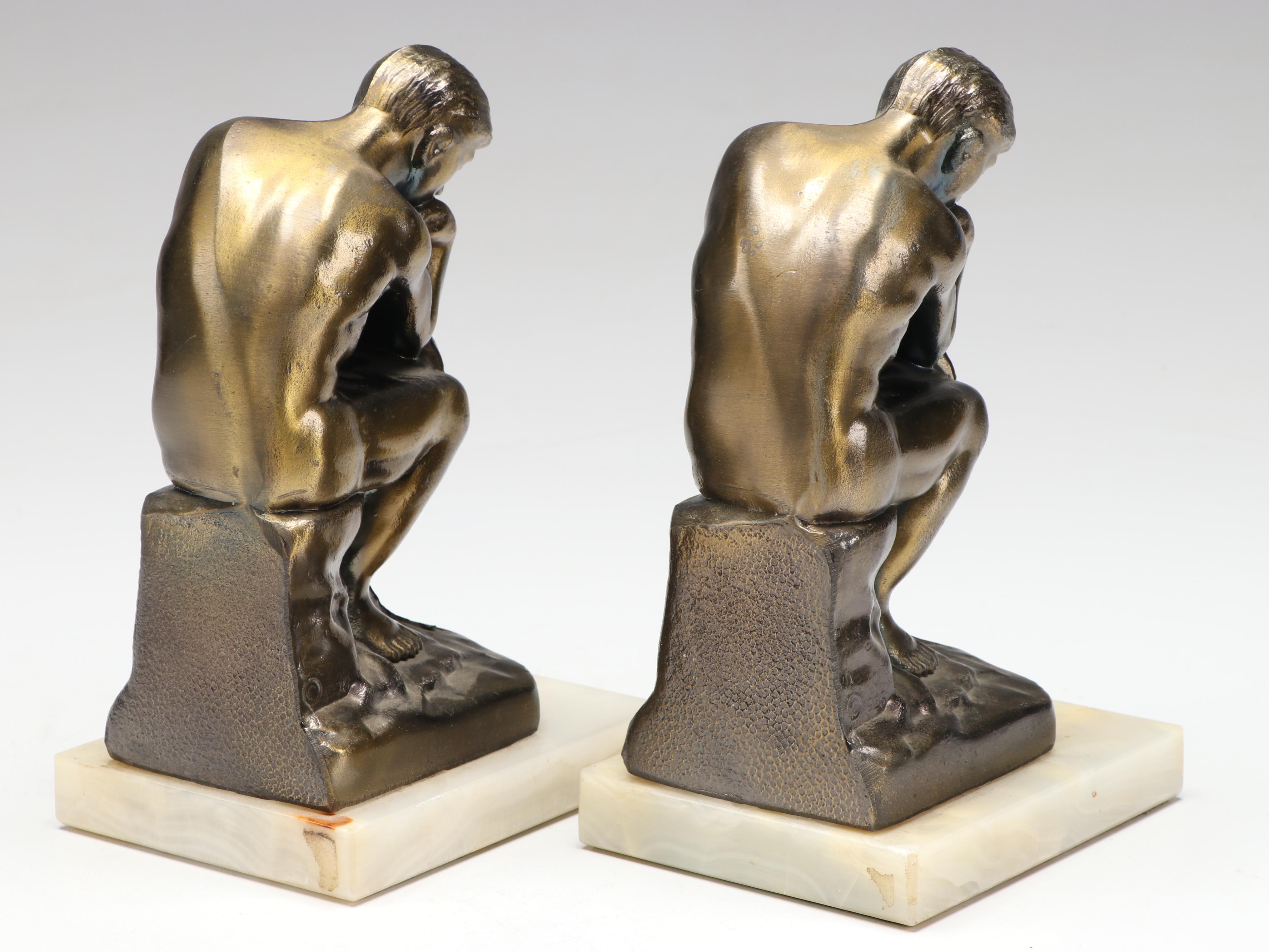 Pair of Bronzed Metal Bookends After Rodin's "The Thinker"