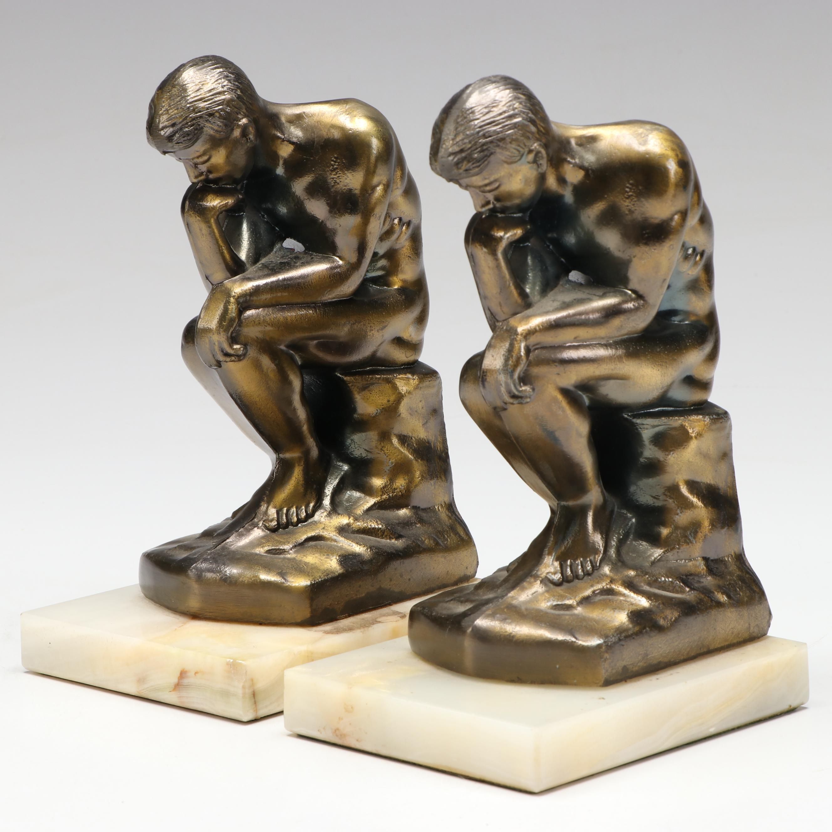 Pair of Bronzed Metal Bookends After Rodin's "The Thinker"
