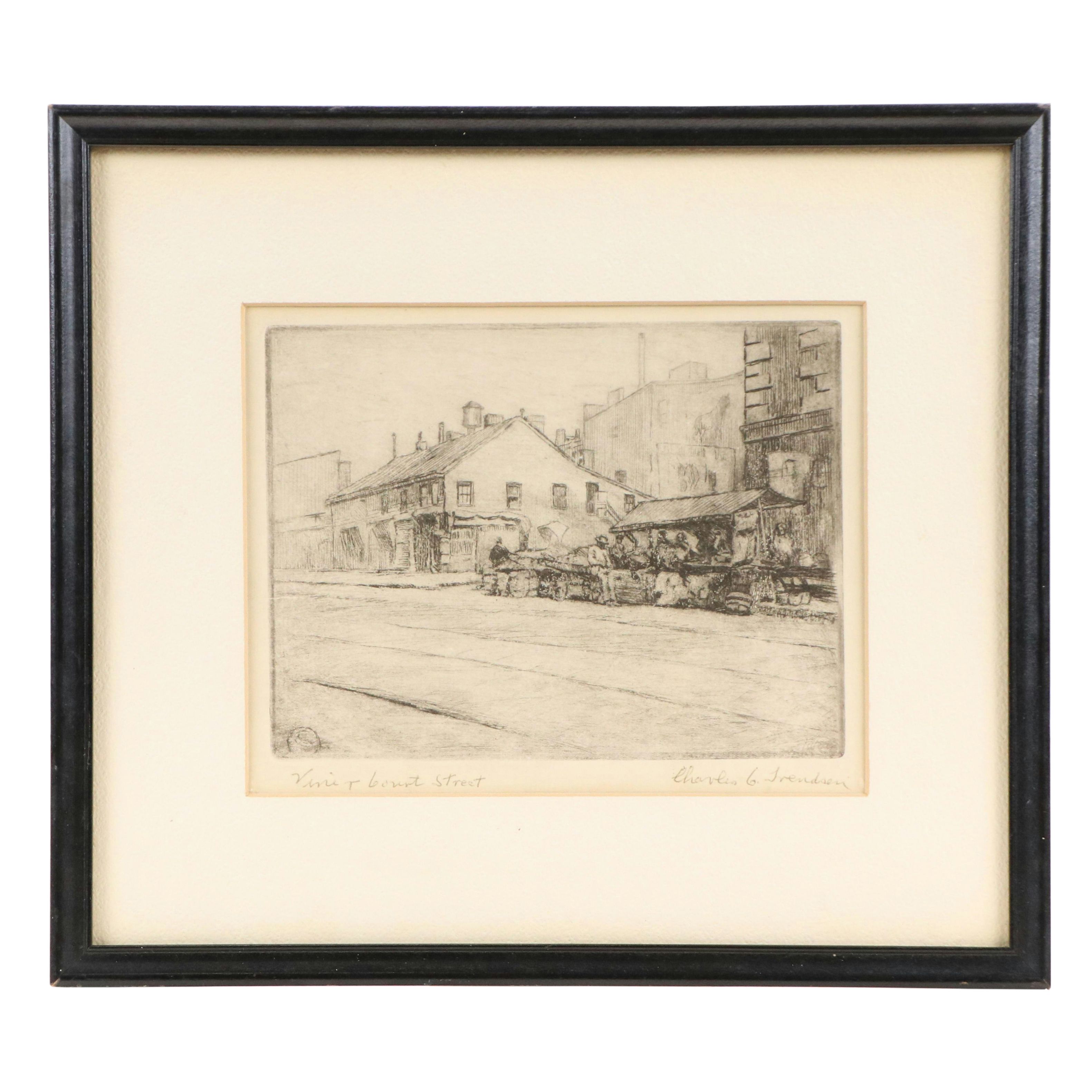 Charles C. Svendsen Cityscape Etching "Vine & Court Street," Early 20th Century