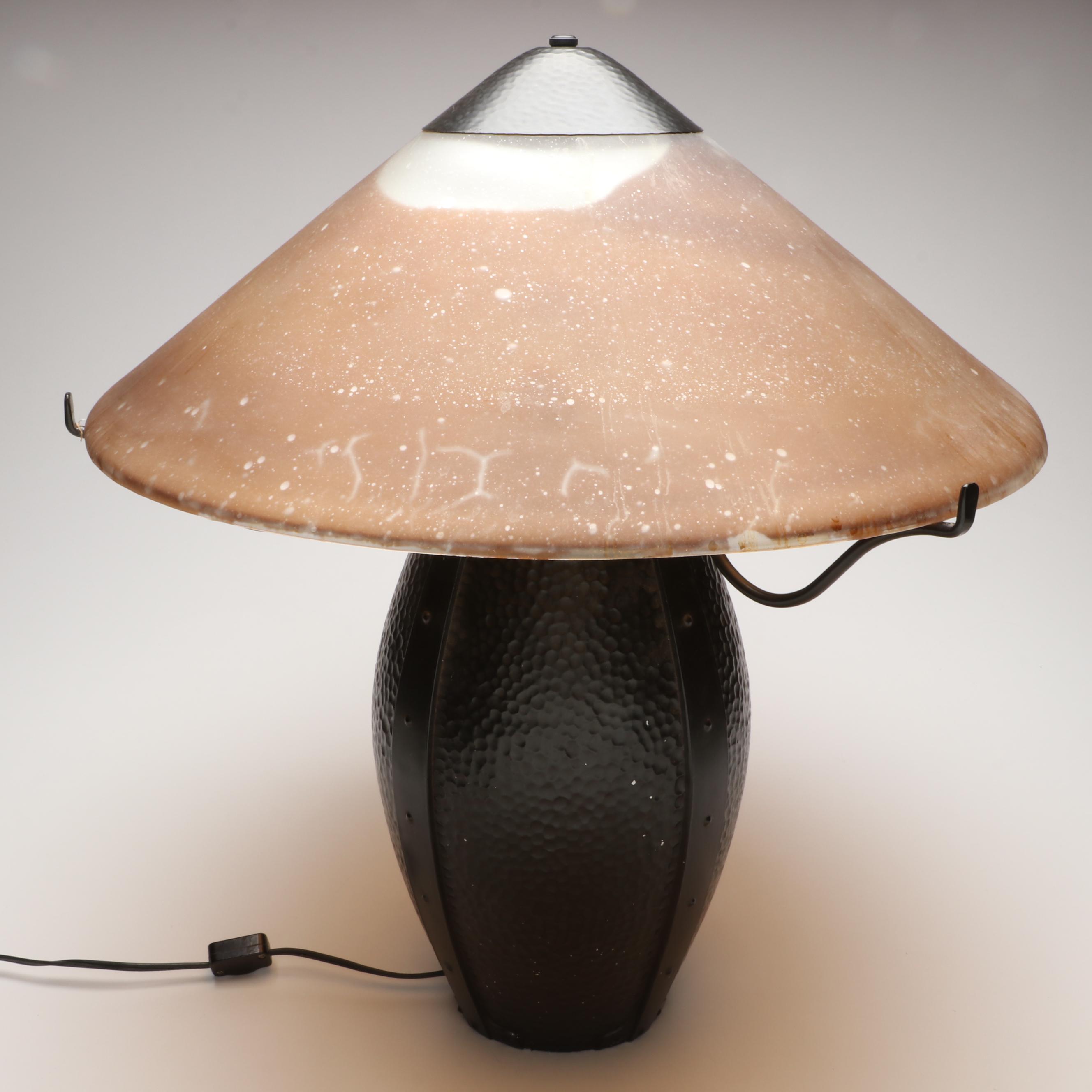 Arts and Crafts Style Hammered Metal Table Lamp with Frosted Glass Shade