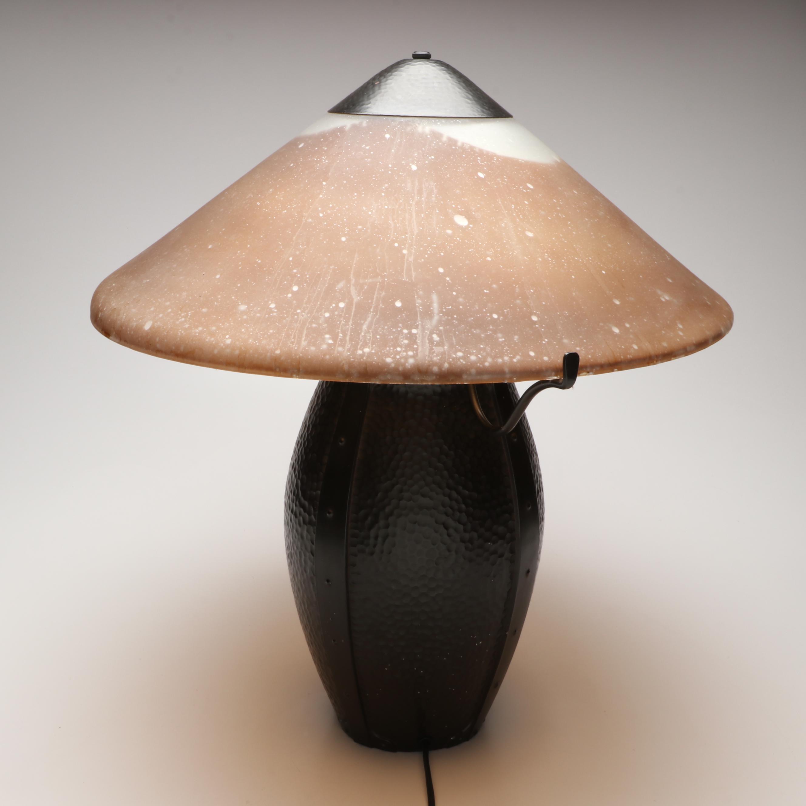 Arts and Crafts Style Hammered Metal Table Lamp with Frosted Glass Shade