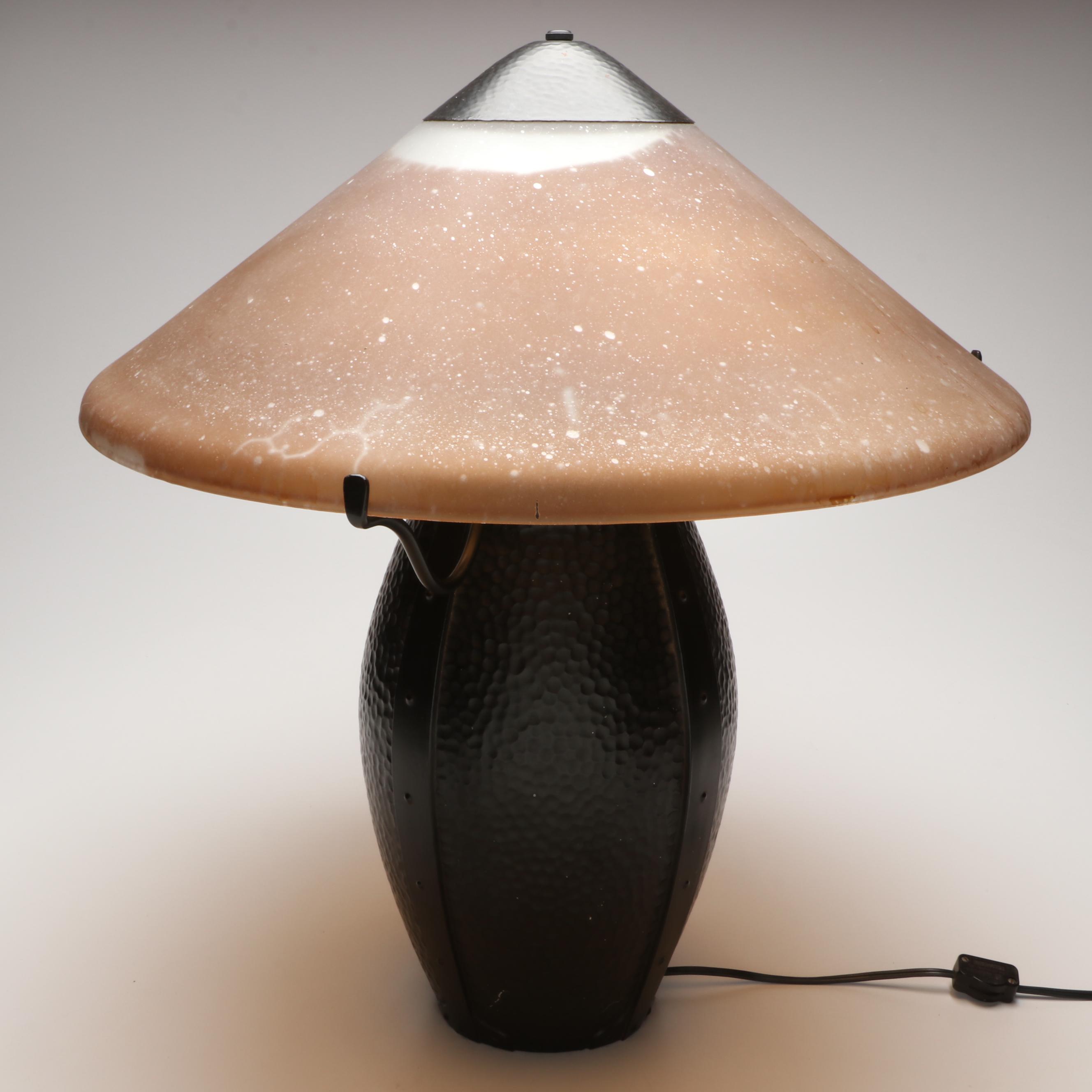 Arts and Crafts Style Hammered Metal Table Lamp with Frosted Glass Shade