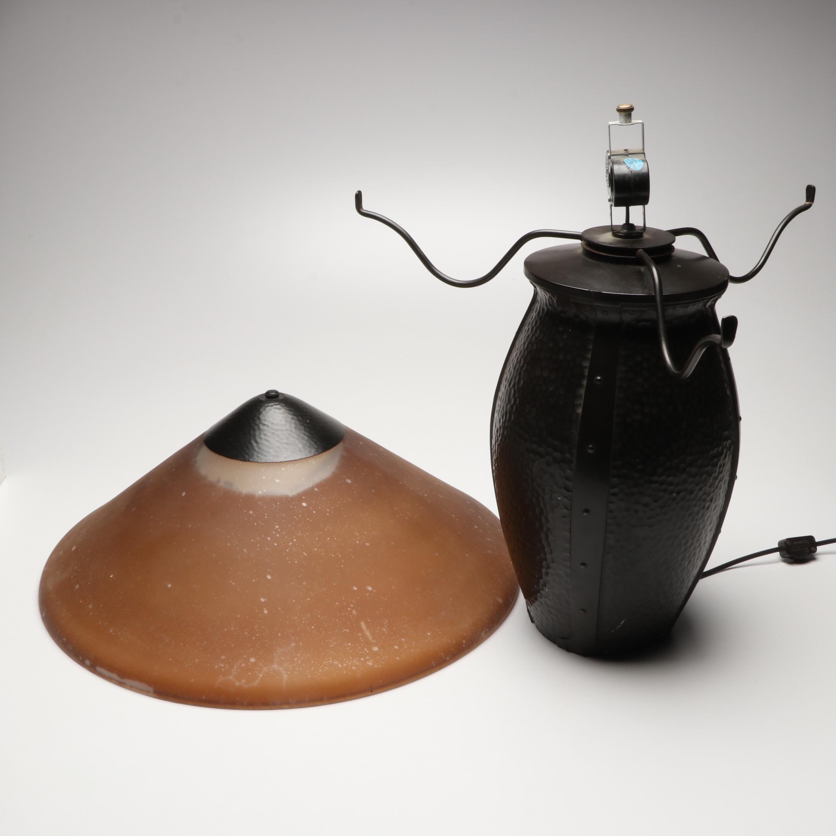 Arts and Crafts Style Hammered Metal Table Lamp with Frosted Glass Shade