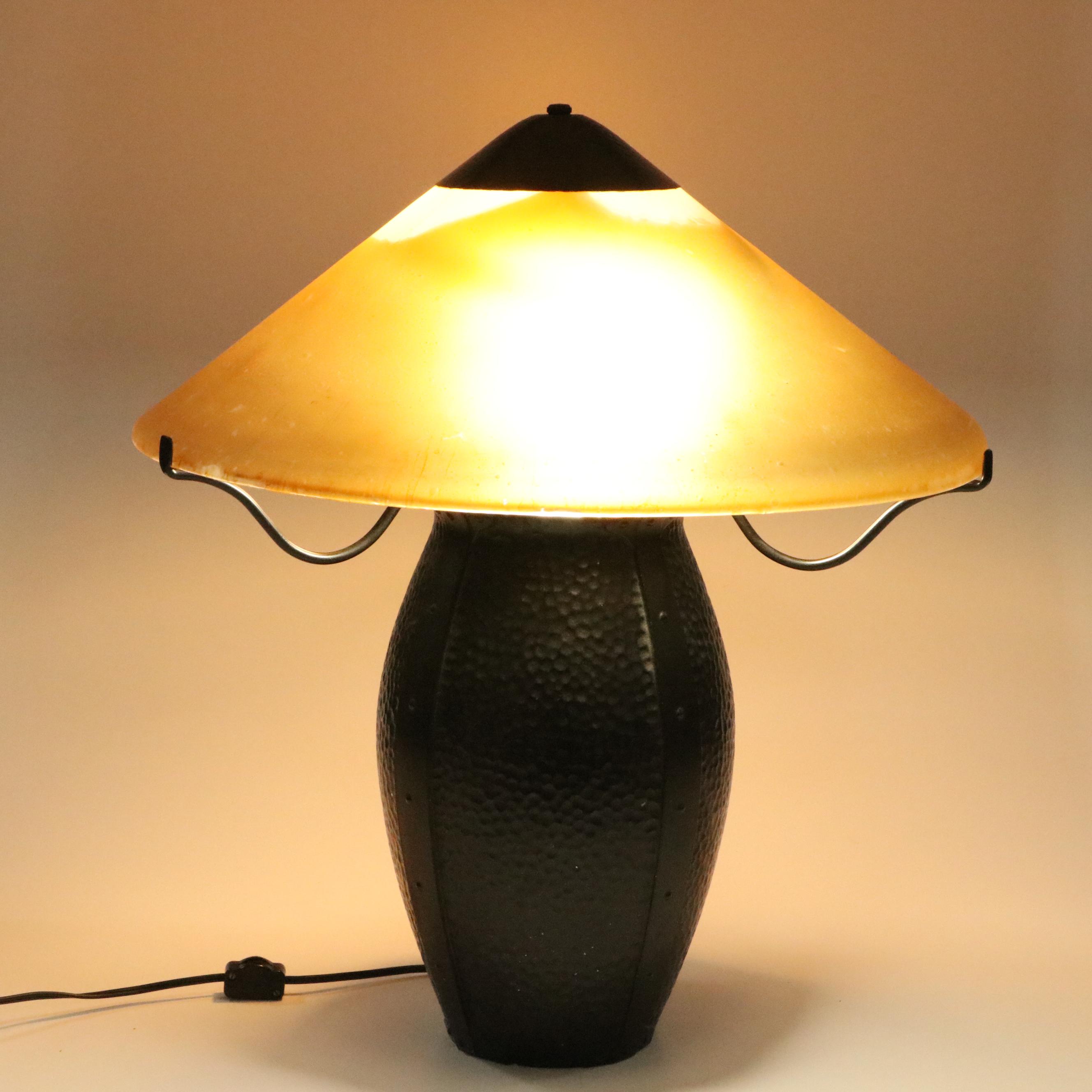 Arts and Crafts Style Hammered Metal Table Lamp with Frosted Glass Shade