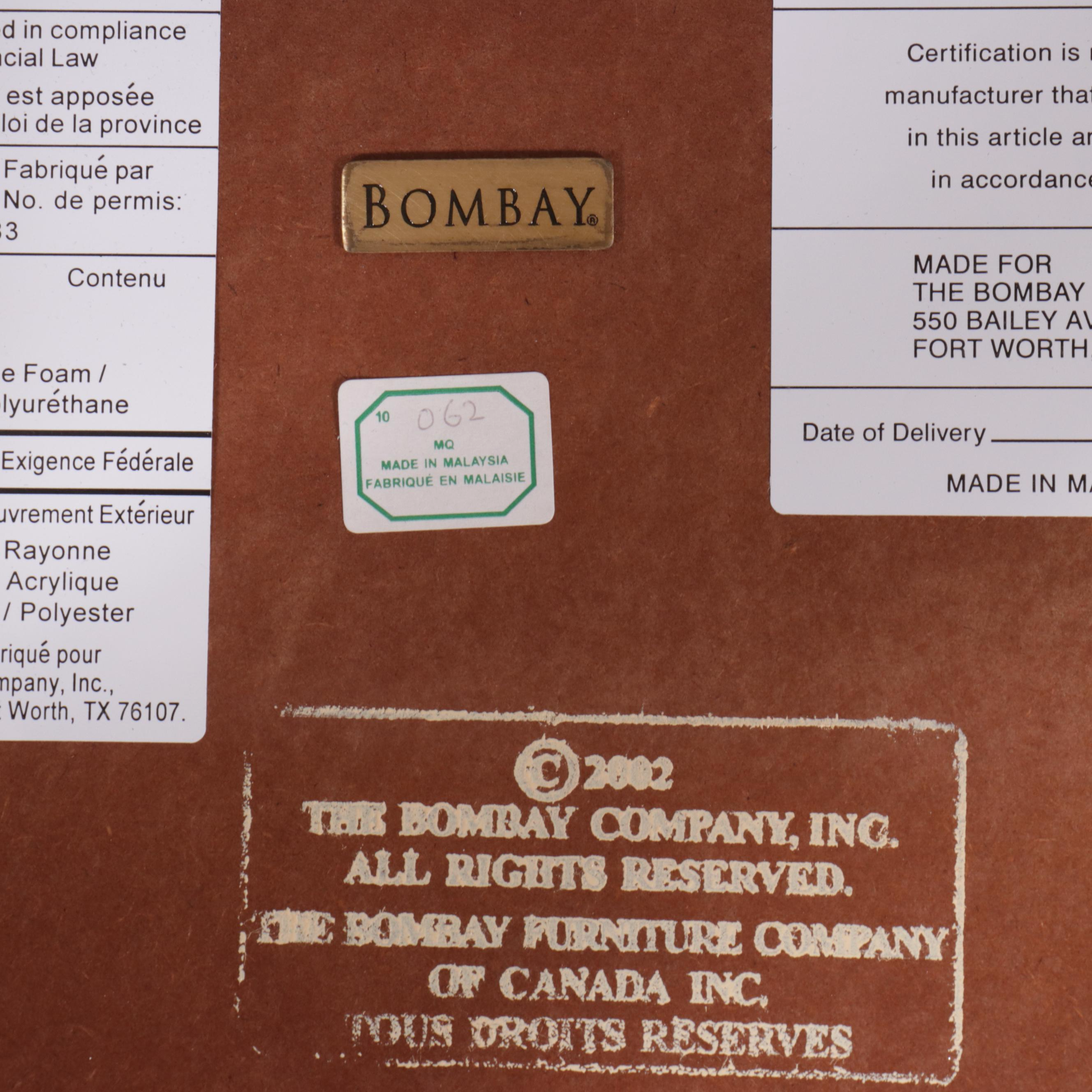 The Bombay Company Upholstered Carved Mahogany Bed Bench, 2002