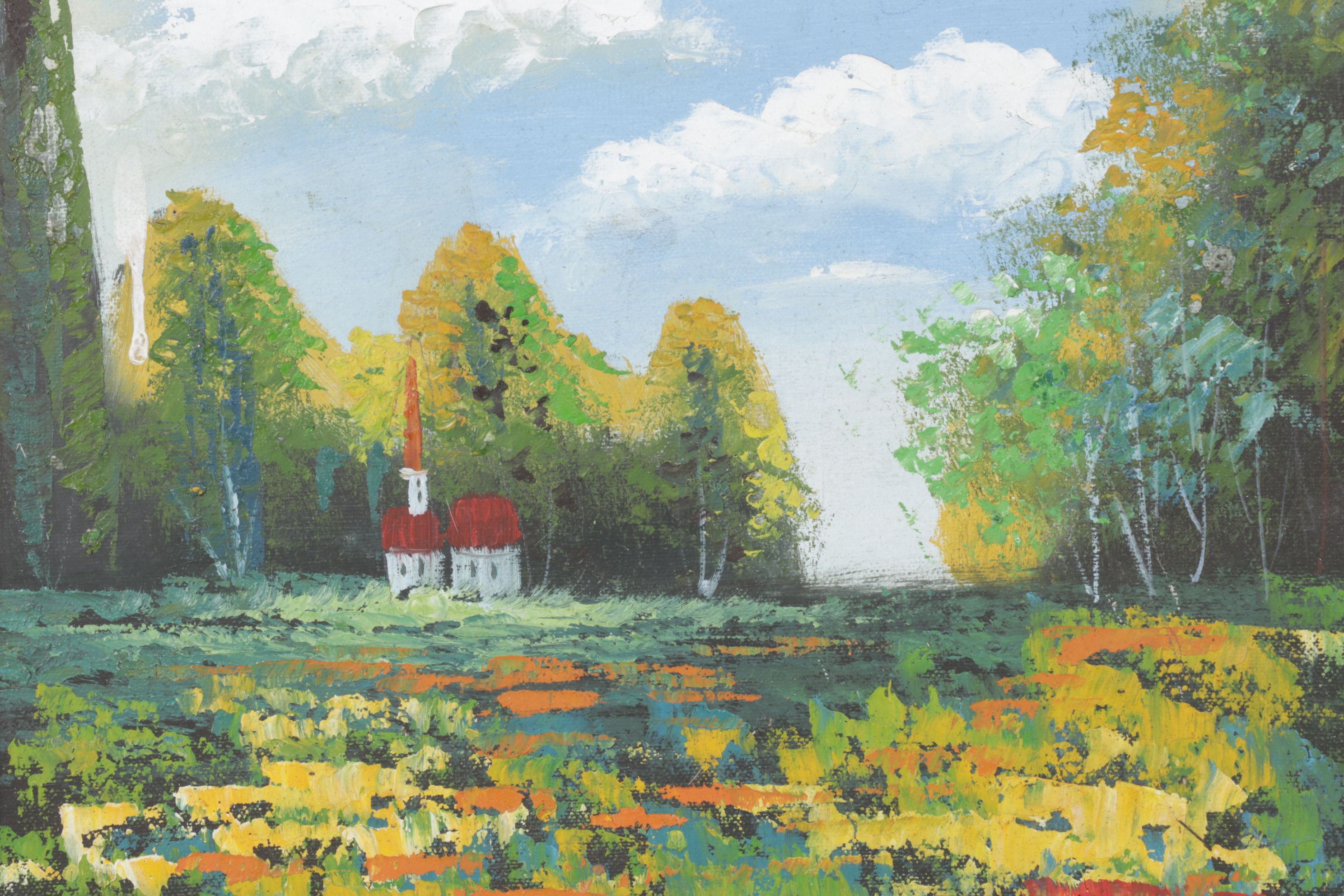 Impressionist Landscape Oil Painting of Wildflower Meadow with Distant Church